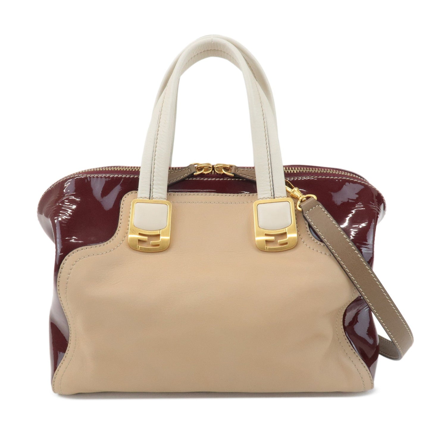 FENDI Chameleon Leather 2WAY Bag Hand Bag Beige Bordeaux 8BL114