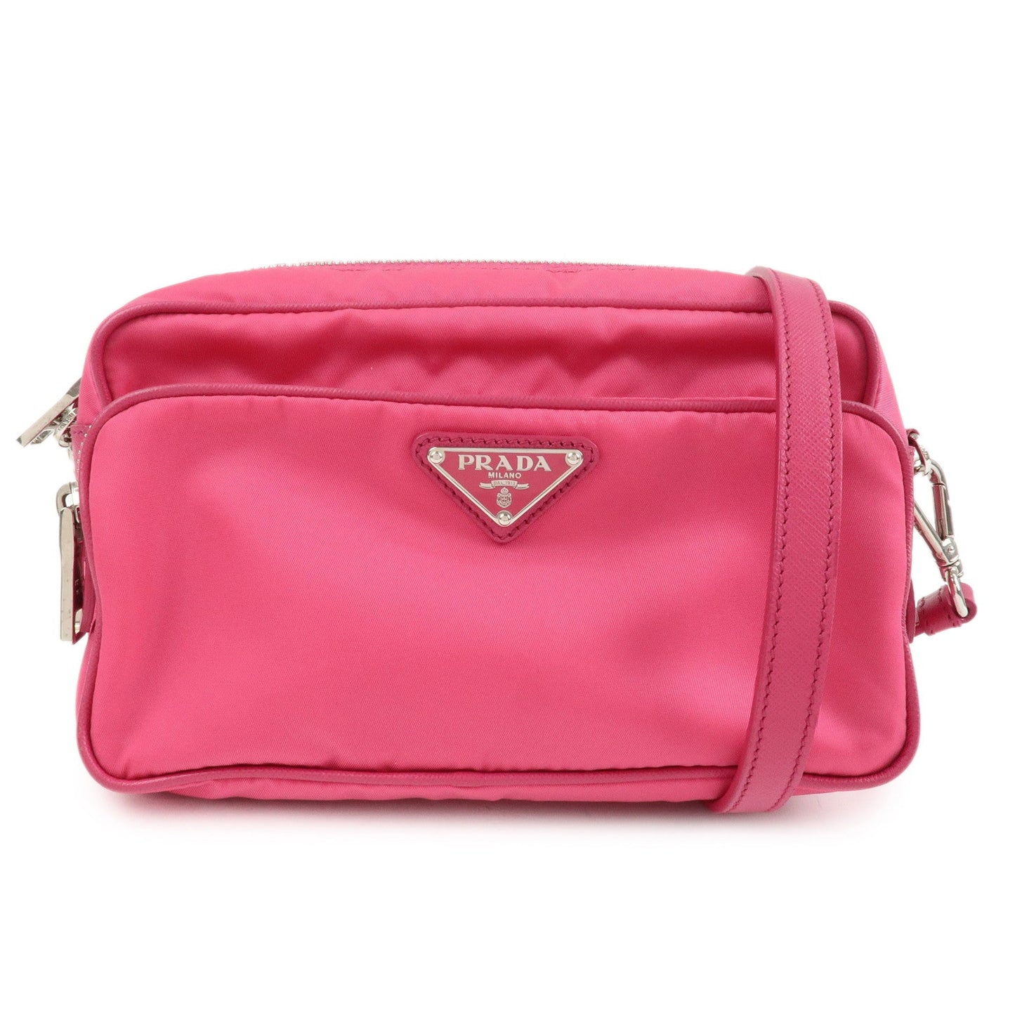 PRADA Triangle Logo Leather Shoulder Bag Pink Silver Hardware