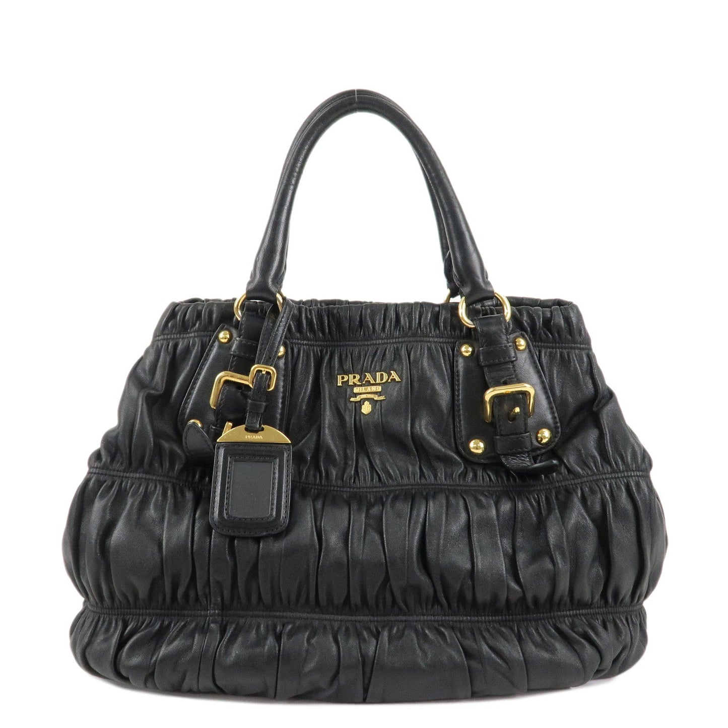 PRADA Leather 2Way Bag Hand Bag Shoulder Bag   Black Gold HDW