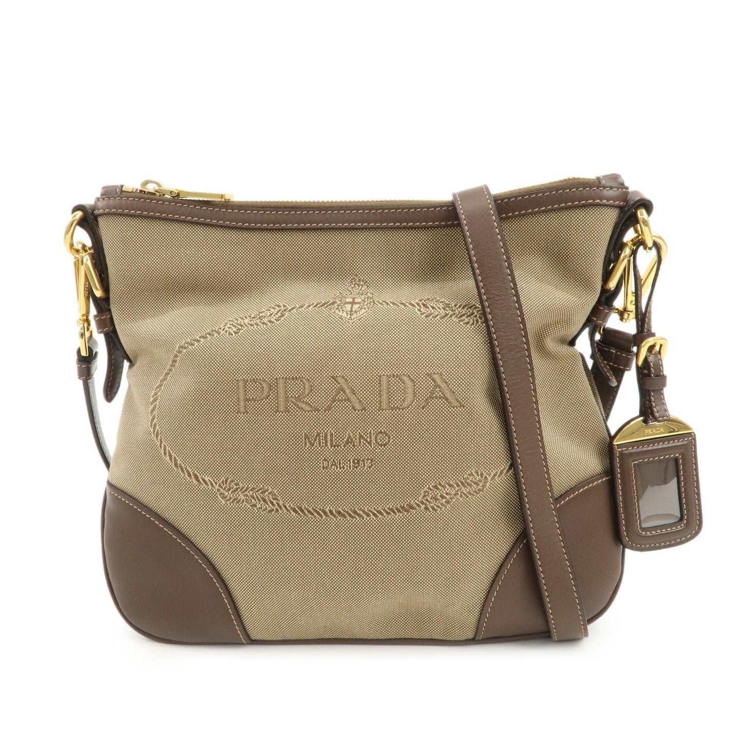 PRADA Logo Jaguard Leather Shoulder Bag Crossbody Bag Beige Brown