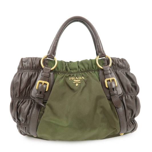 PRADA Nylon Leather Gathered Hand Bag Green Brown BN1793