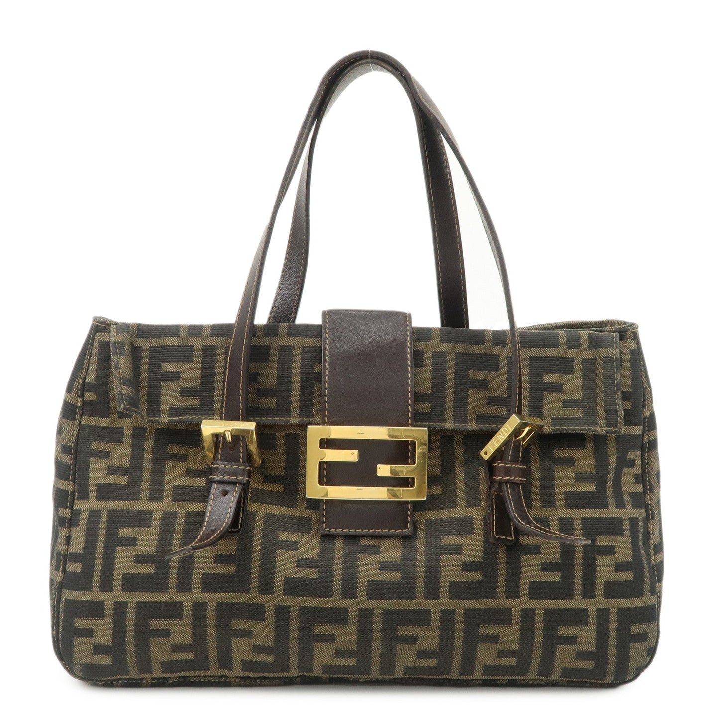 FENDI Zucca Canvas Leather Hand Bag Brown Black Gold Hardware