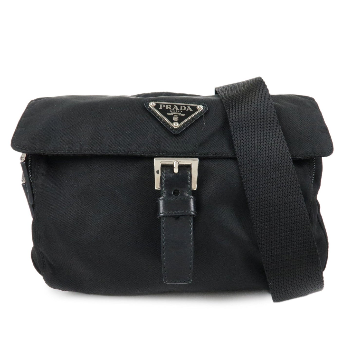 PRADA Triangle Logo Nylon Leather Shoulder Bag Black