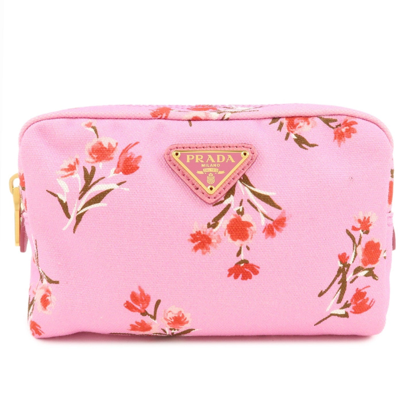 PRADA Canapa Canvas Leather Cosmetic Pouch Flower 1NA021 Pink