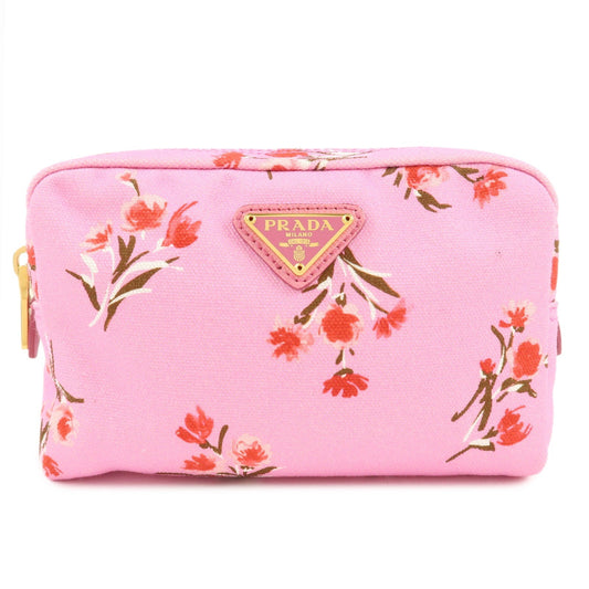PRADA Canapa Canvas Leather Cosmetic Pouch Flower 1NA021 Pink