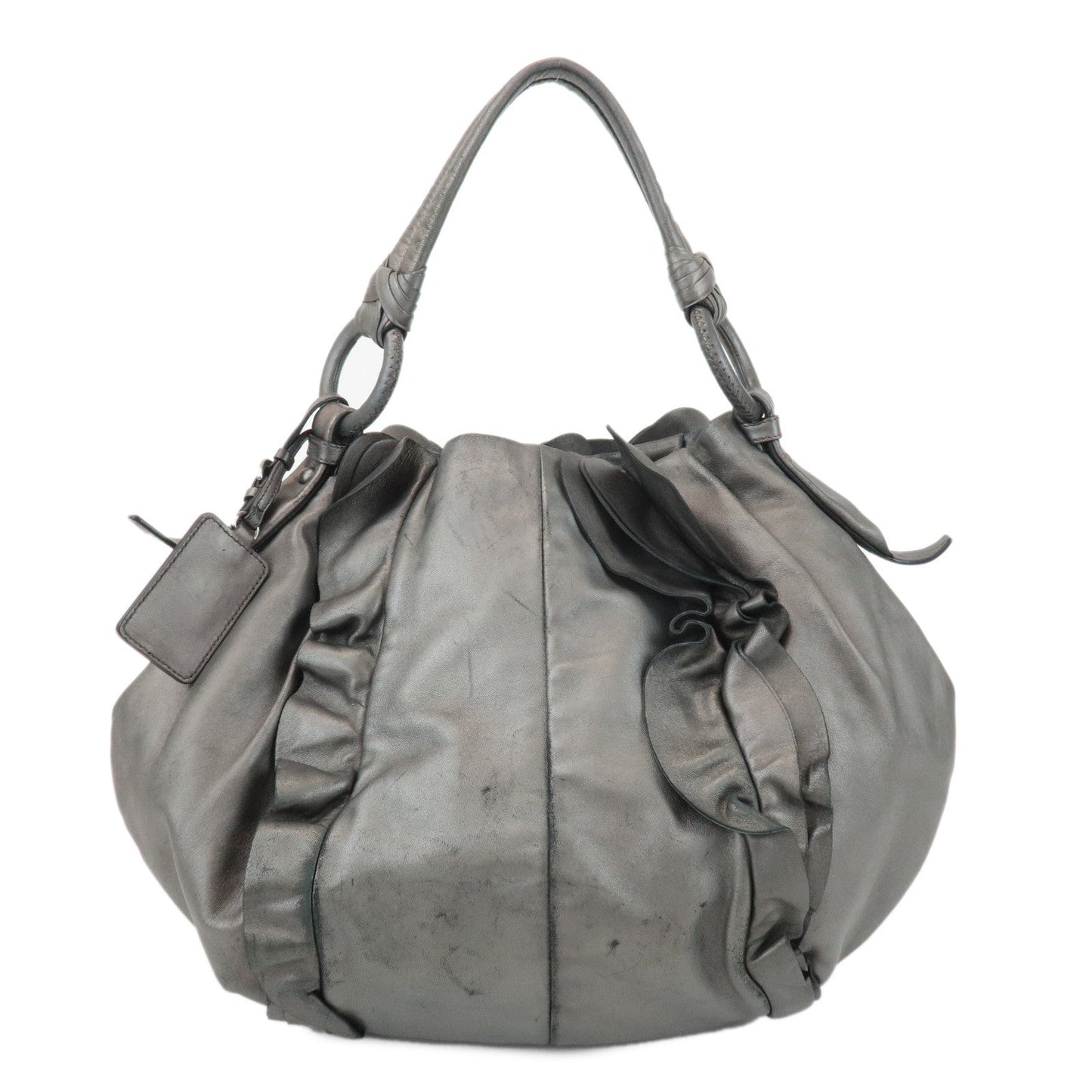 PRADA Leather Gathered 2WAY Shoulder Bag Hand Bag Silver Gray
