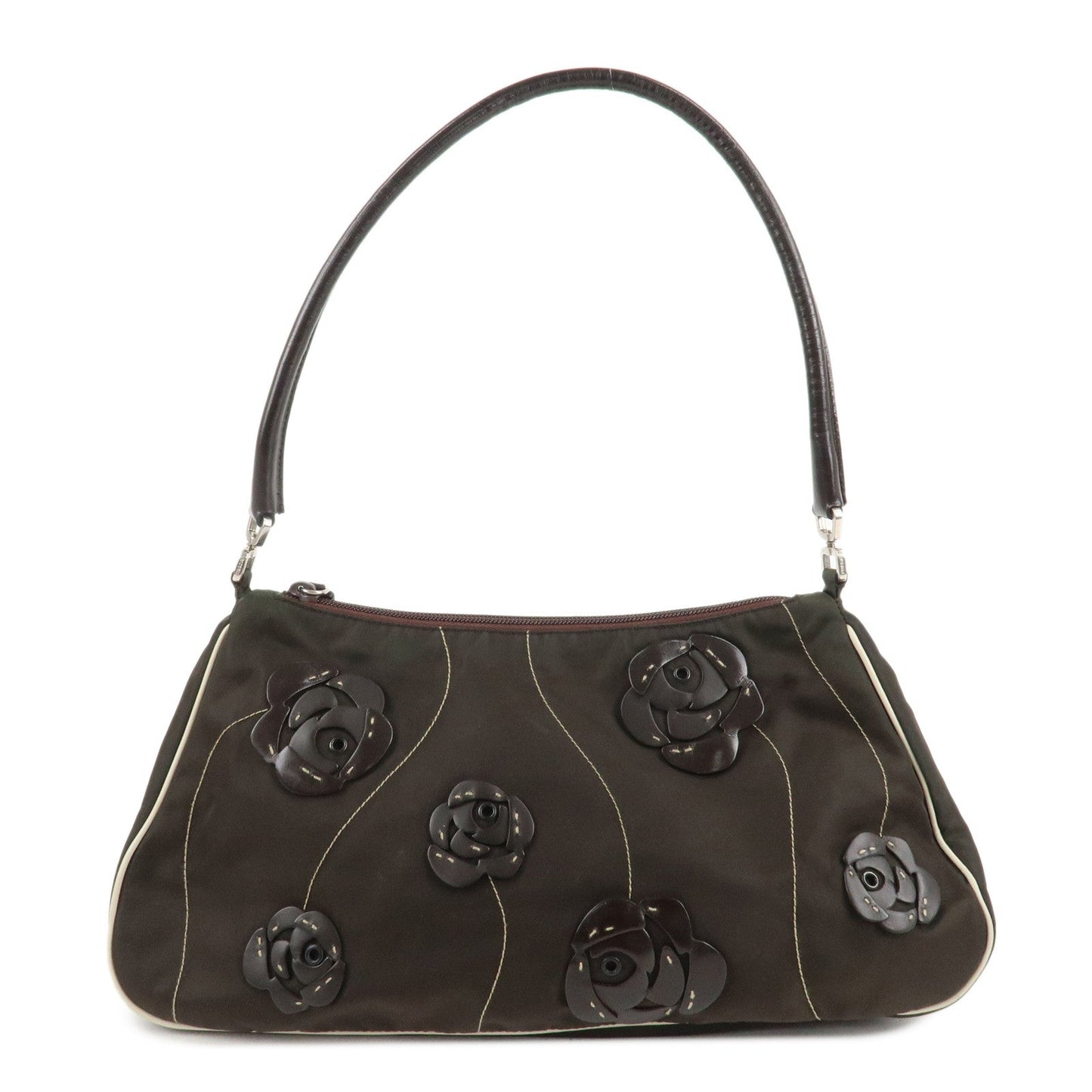 PRADA Nylon Leather Shoulder Bag Flower Motif Green Brown