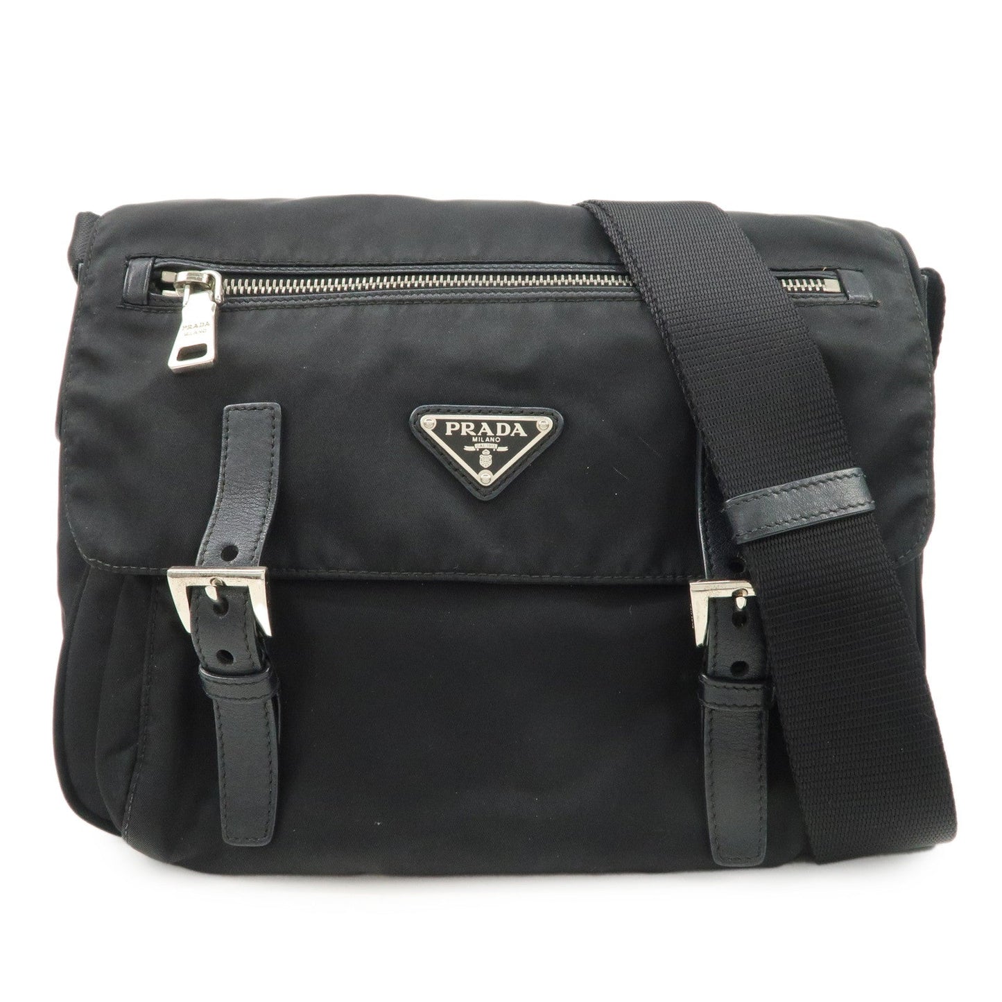 PRADA Nylon Leather Triangle Logo Shoulder Bag Black BT0713