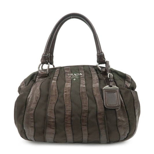 PRADA Logo Nylon Leather Stripe Tote Bag Hand Bag Brown BL0538