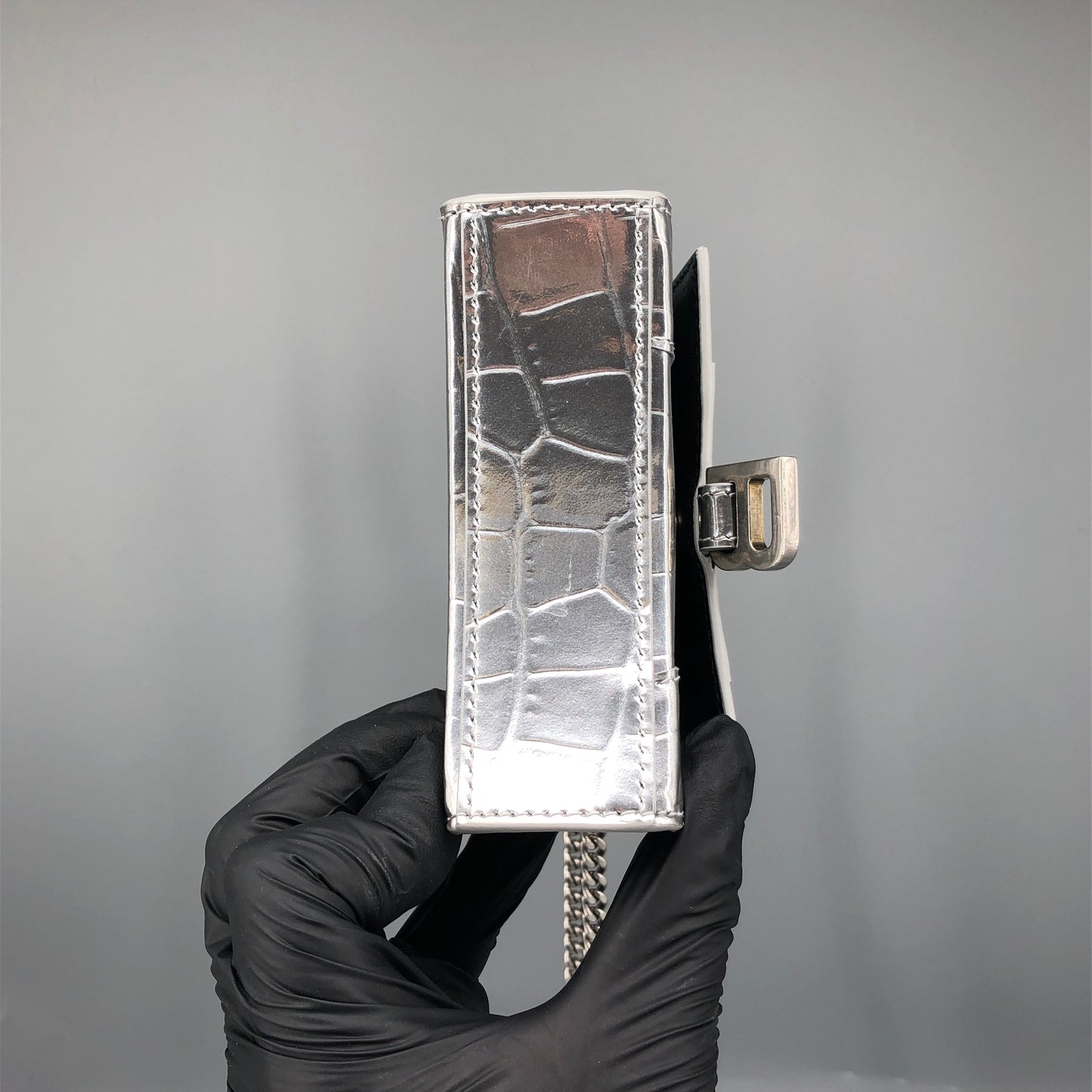 Balenciaga Silver Croc Embossed micro Hourglass Top Handle Bag