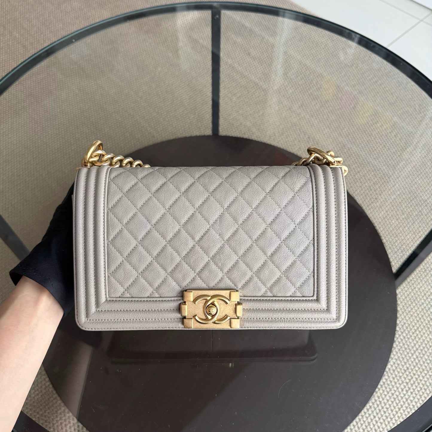 Chanel Boy Medium - Caviar 25CM Quilted Grained Calfskin Grey Gray Gold Hardware Series  27