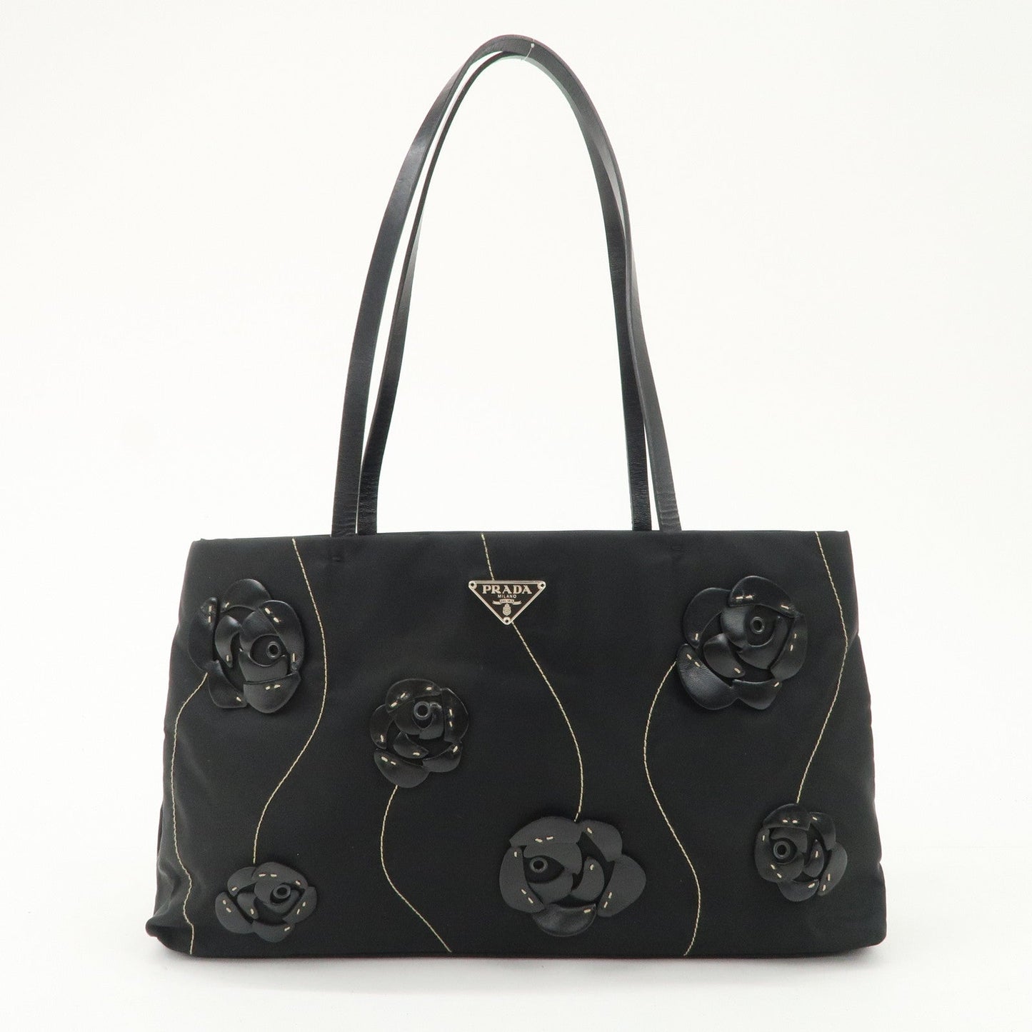 PRADA Traiangle Logo Nylon Leather Flower Tote Bag Black B11033
