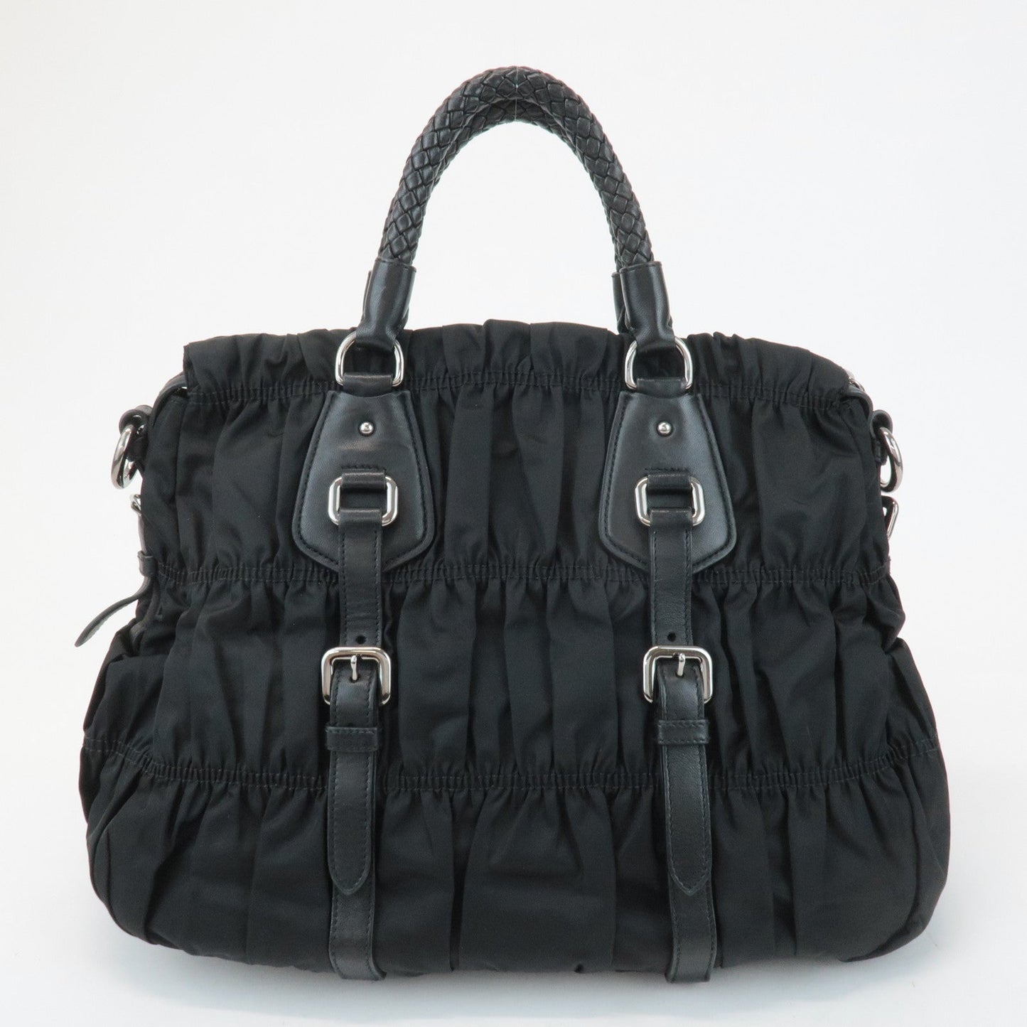 PRADA Logo Leather Gathered 2Way Hand Bag Black BN1336