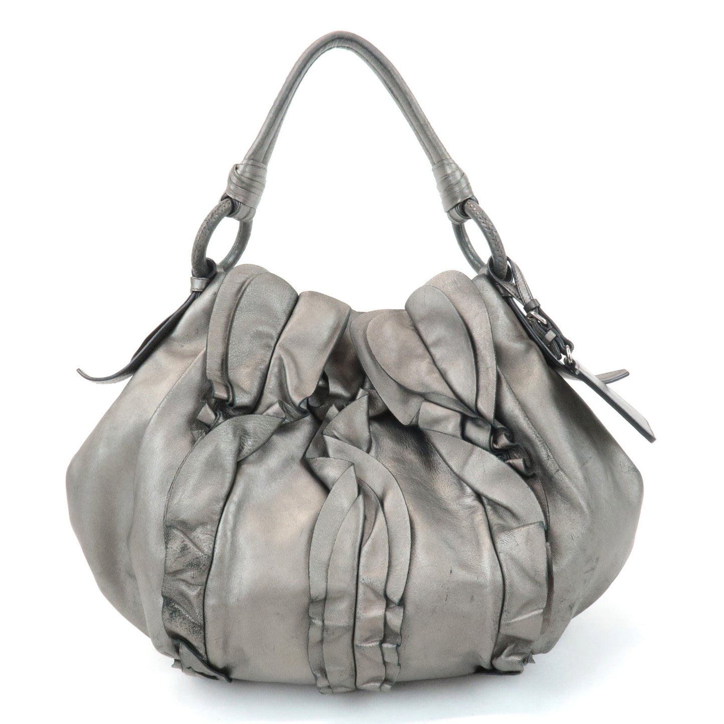 PRADA Leather Gathered 2WAY Shoulder Bag Hand Bag Silver Gray
