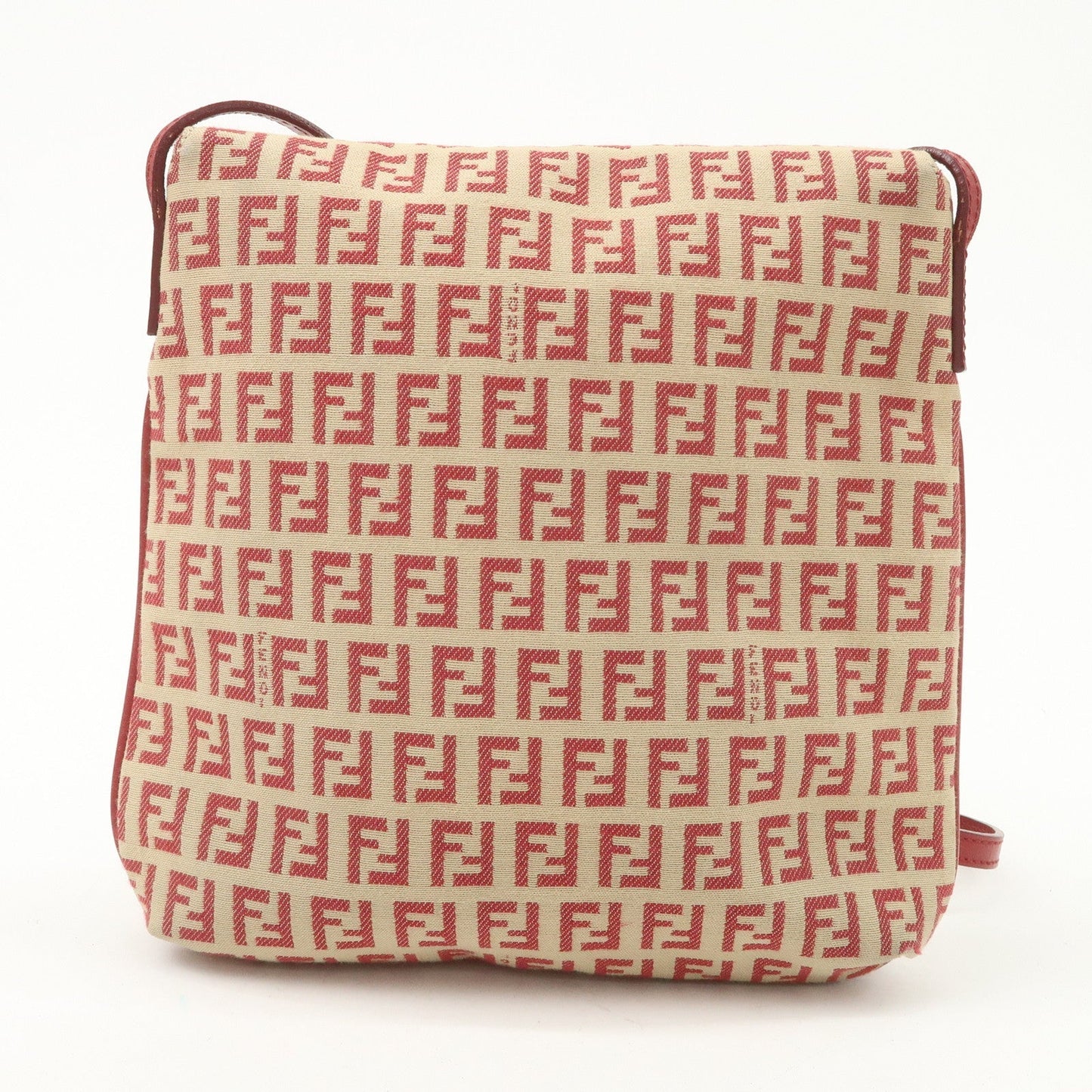 FENDI Zucchino Canvas Leather Shoulder Bag Beige Red 8BT075
