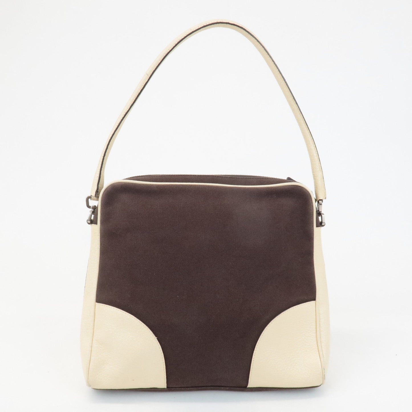 PRADA Triangle Logo Canvas Leather Shoulder Bag Brown Ivory