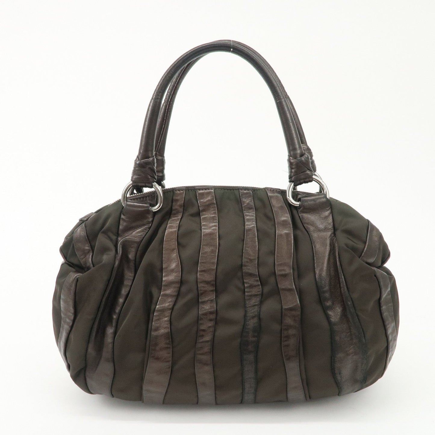 PRADA Logo Nylon Leather Stripe Tote Bag Hand Bag Brown BL0538