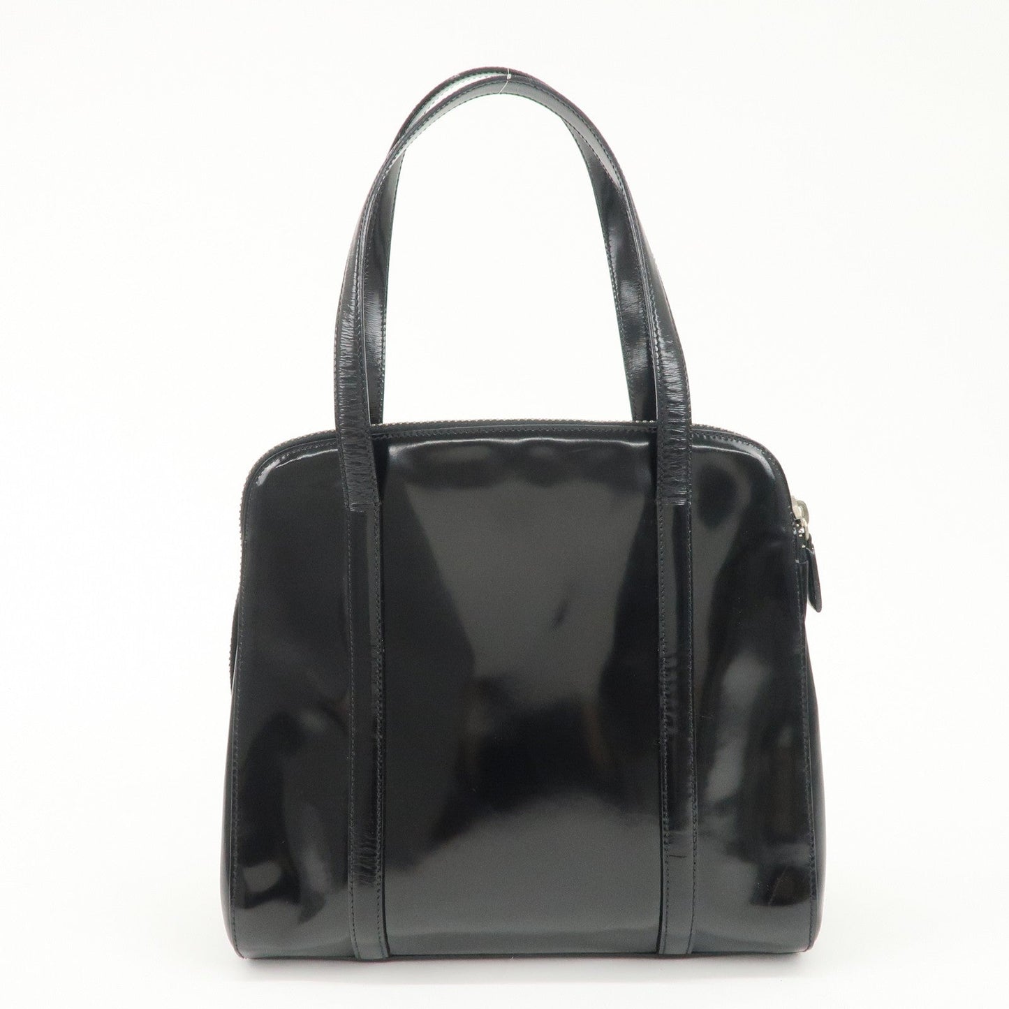 PRADA Patent Leather Tote Bag Hand Bag Black Silver HDW