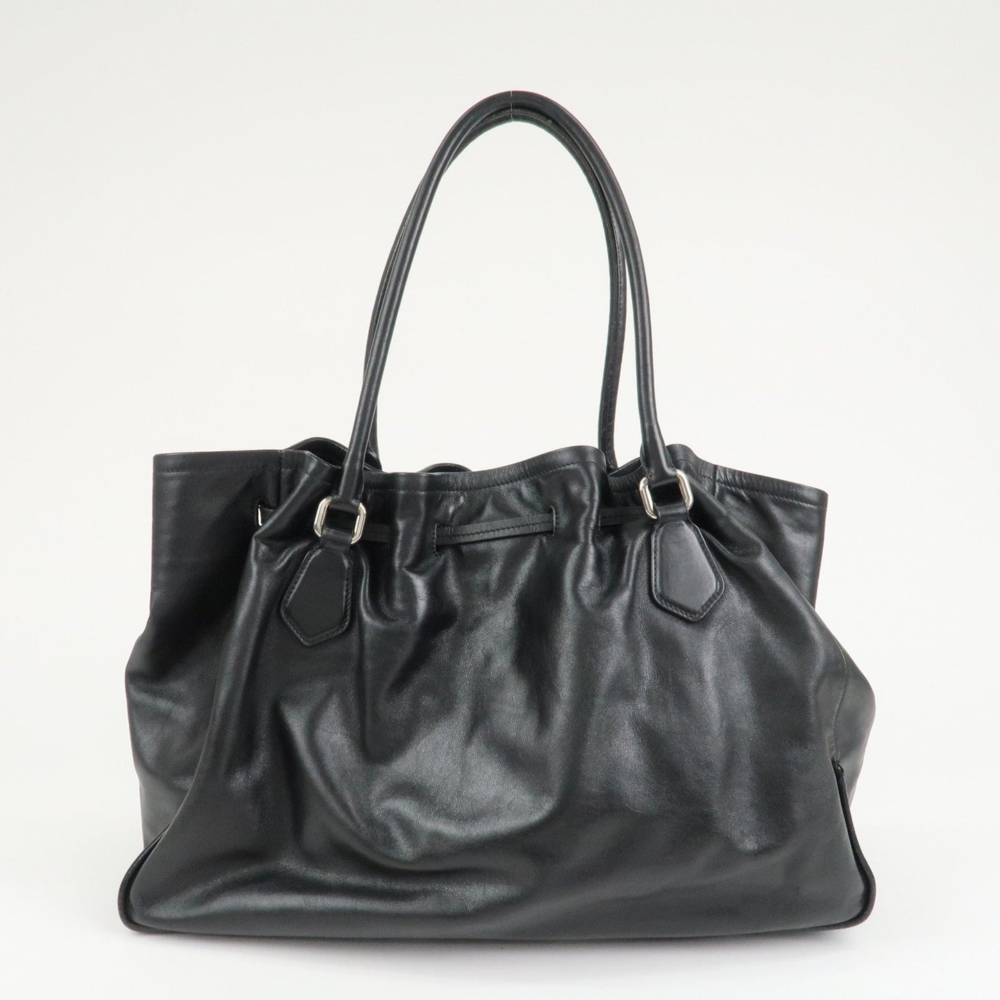PRADA Triangle Logo Leather Tote Bag Black