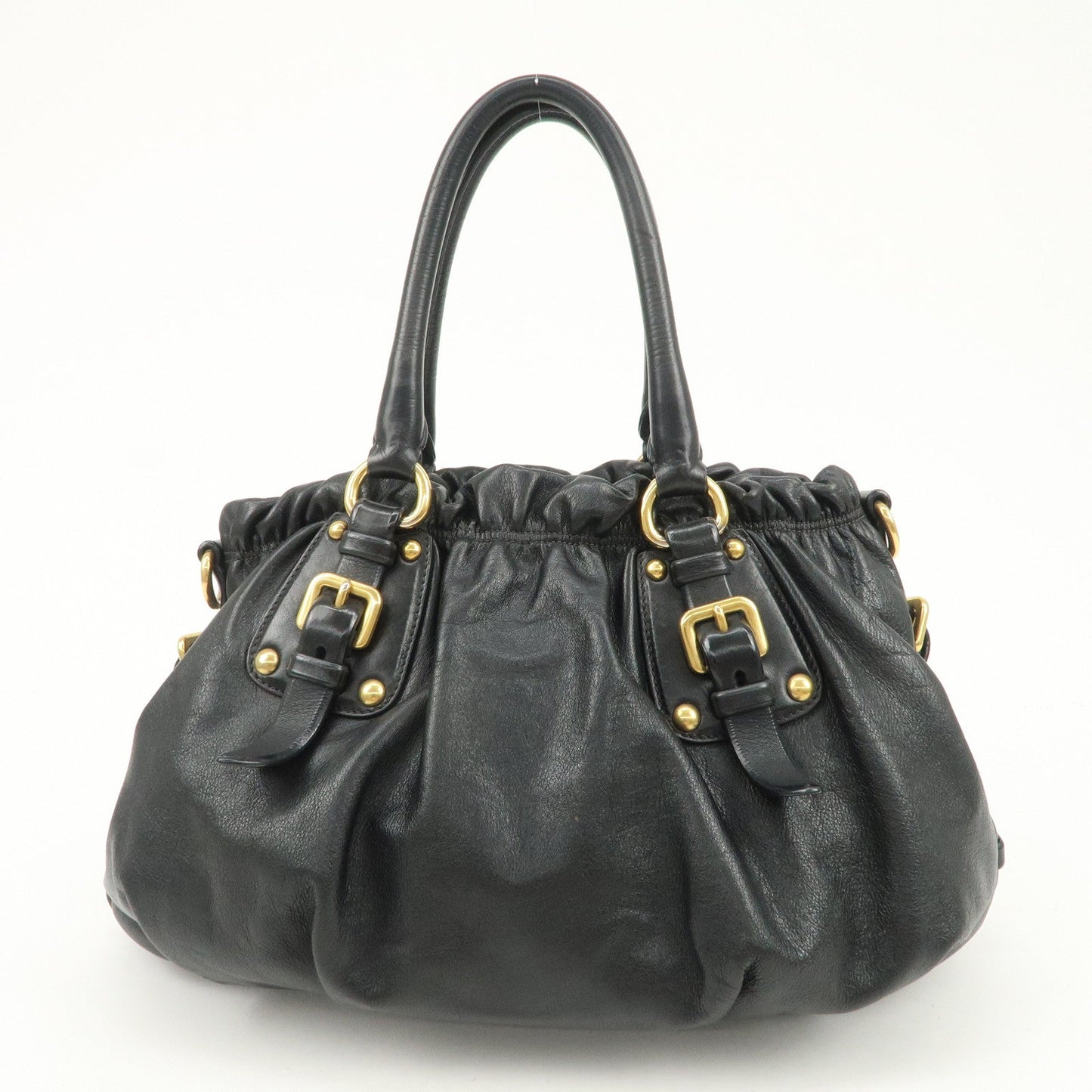 PRADA Logo Leather Gathered Hand Bag Black Gold HDW BR4259