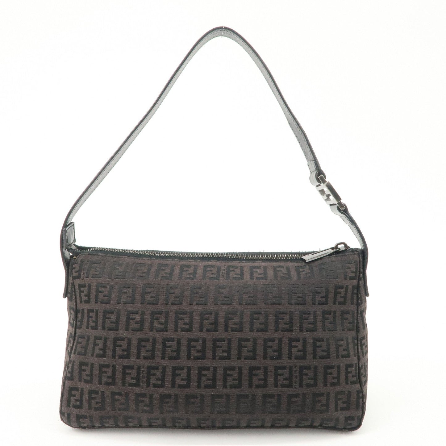FENDI Zucchino Canvas Leather Shoulder Bag Dark Brown 8BR444