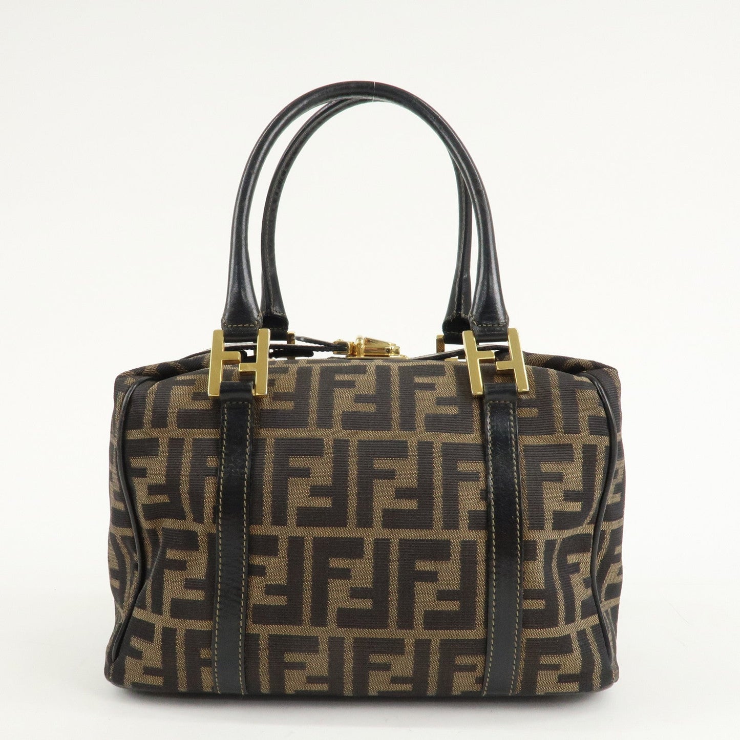 FENDI Zucca Canvas Leather Boston Bag Hand Bag Brown Black