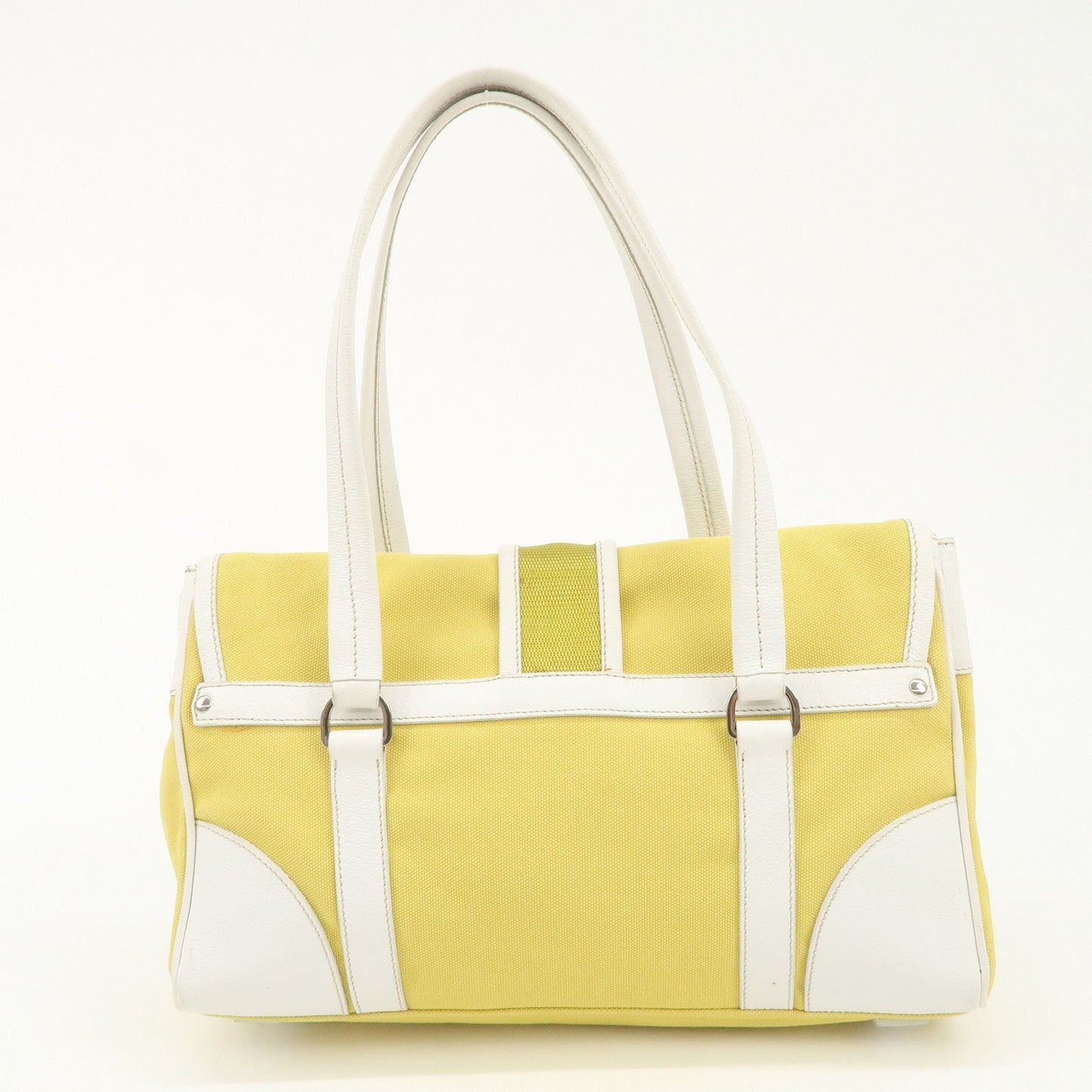PRADA Triangle Logo Canvas Leather Shoulder Bag Yellow Silver HDW