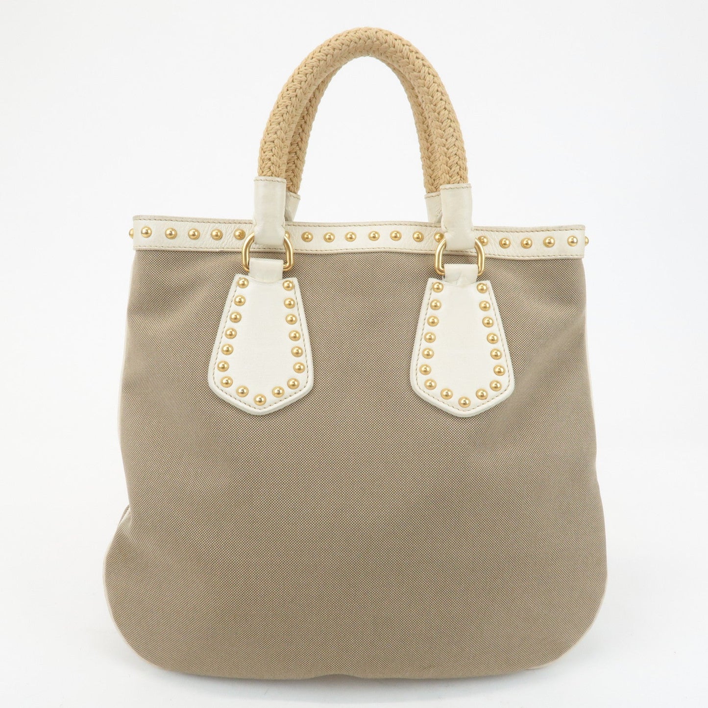 PRADA Canvas Leather 2WAY Logo Studs Hand Bag Beige BN1450
