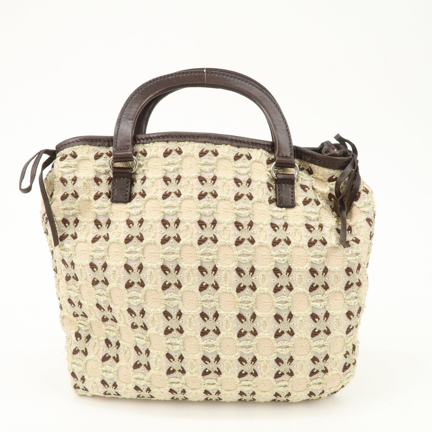 PRADA Tweed Flower Embroidery Tote Bag Beige Gold Dark Brown