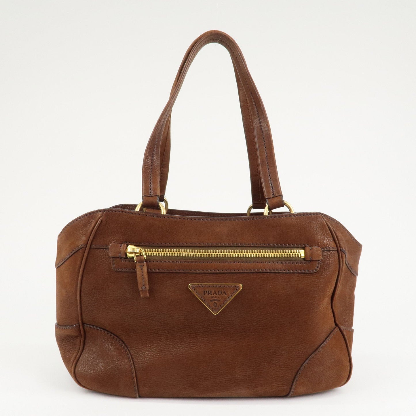 PRADA Triangle Logo Leather Tote Bag Brown Gold Hardware