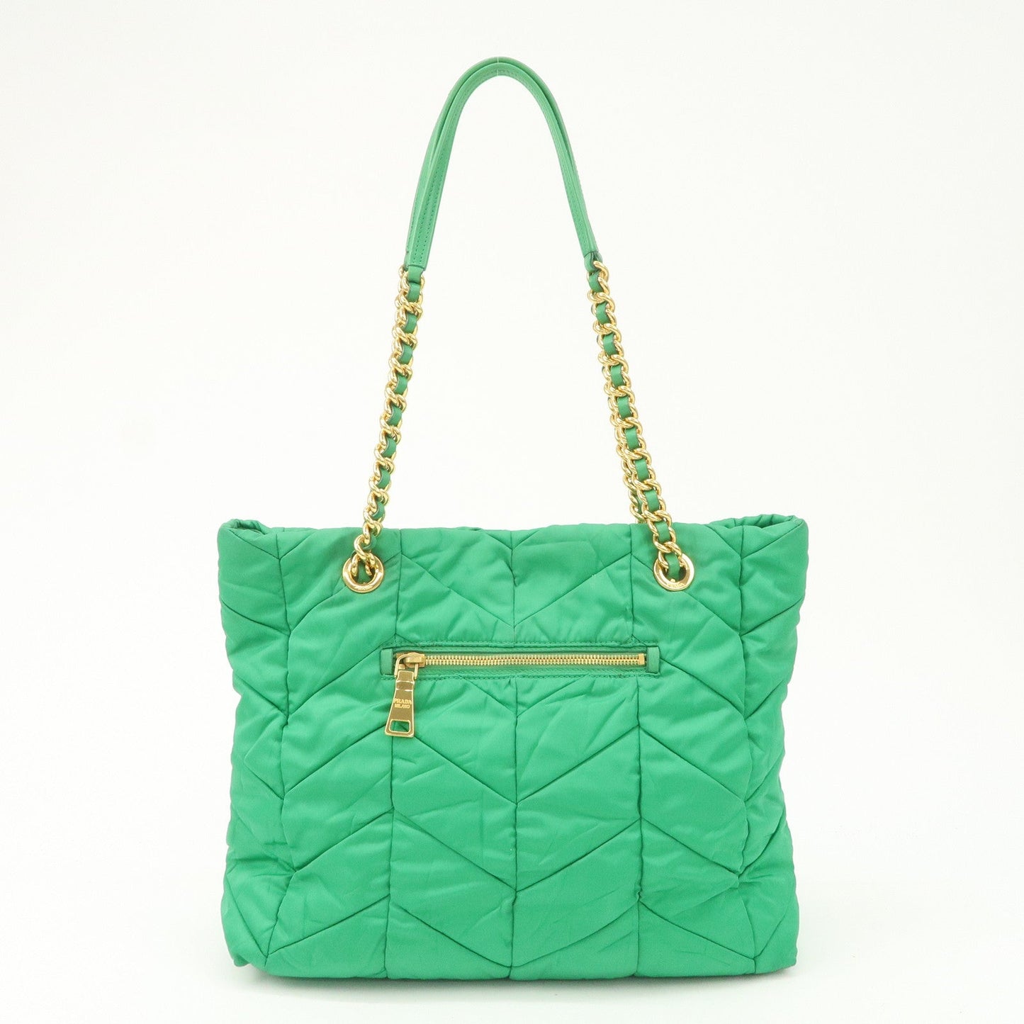PRADA Triangle Logo Nylon Leather Chain Tote Bag Green BR4383