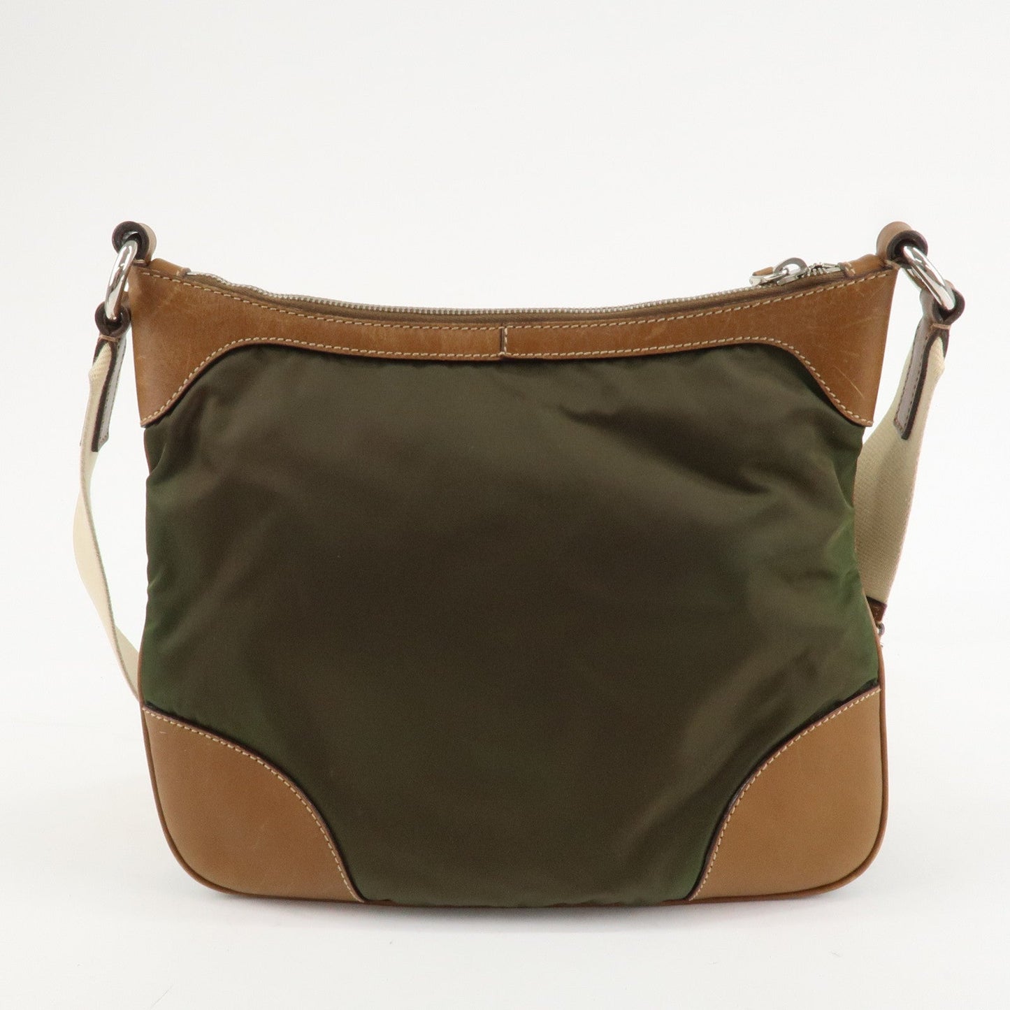 PRADA Nylon Leather Triangle Logo Shoulder Bag Khaki BT0507