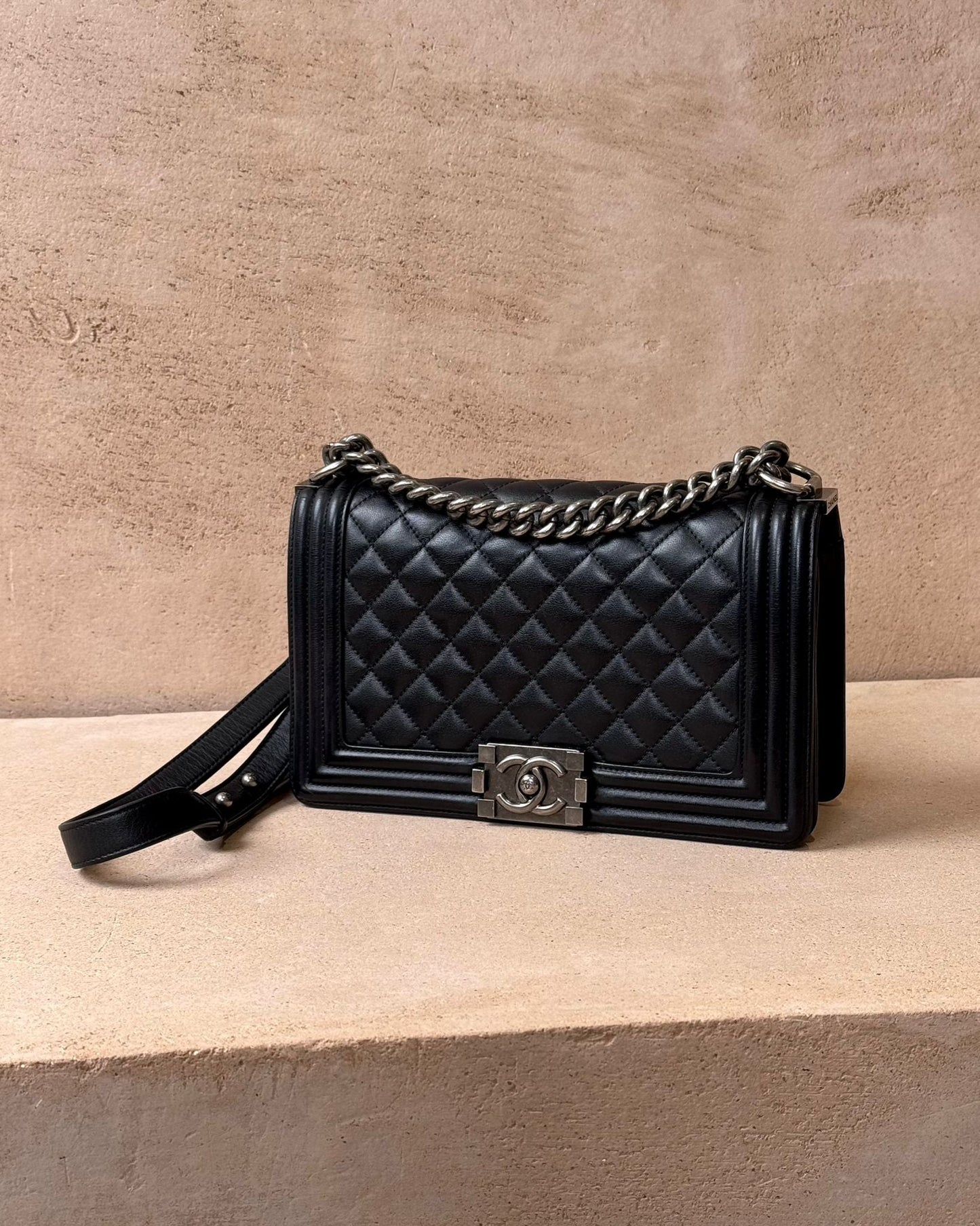Chanel Old Medium Boy Bag - Black Lambskin | Ruthenium Hardware