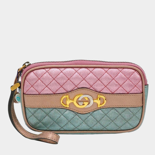 Gucci Pink Teal Mini Metallic Laminated Trapuntata Leather Horsebit Clutch Pouch
