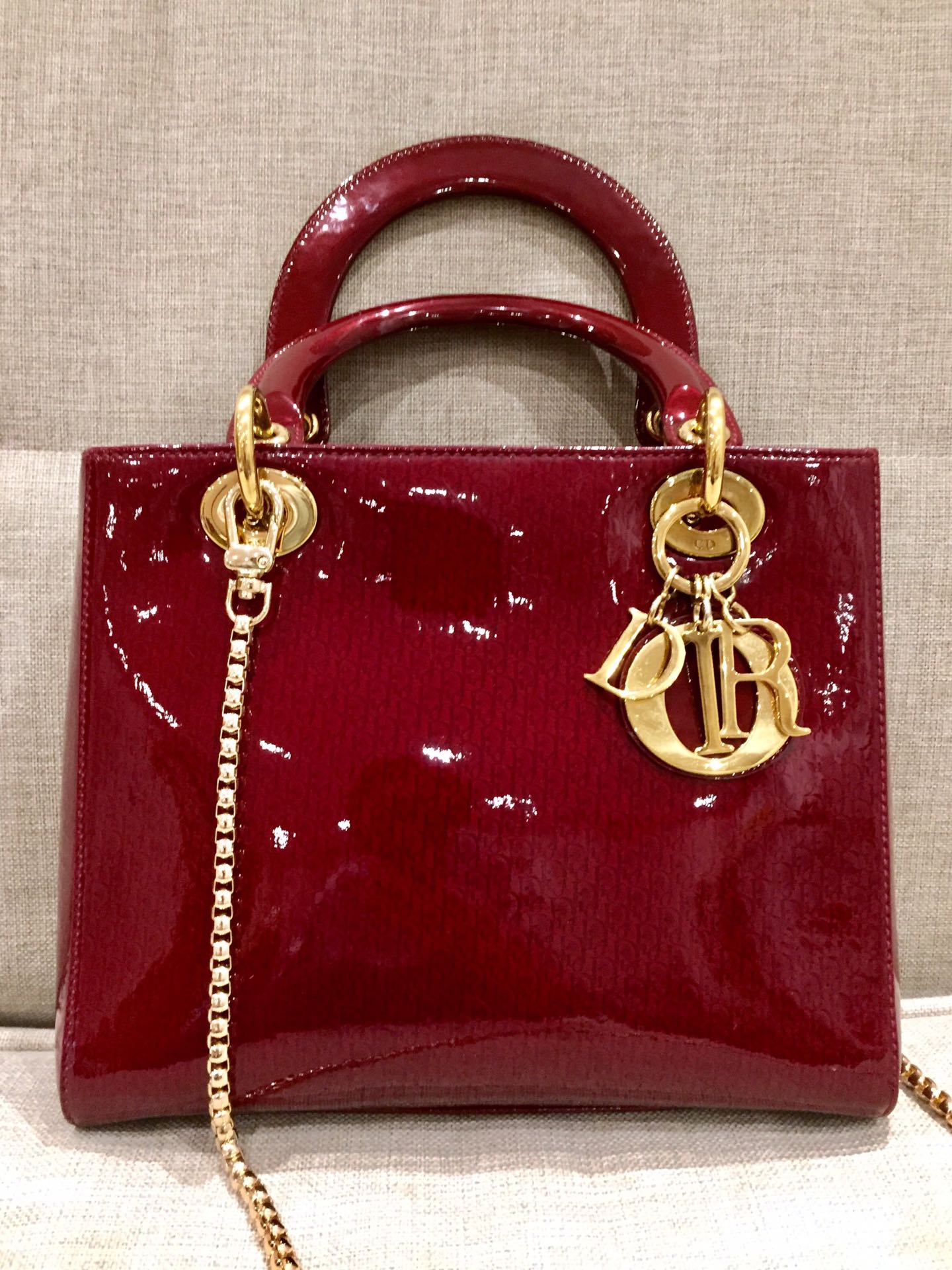 Lady Dior Vintage Medium Red Patent Leather Monogram Embossed Handbag Gold Hardware