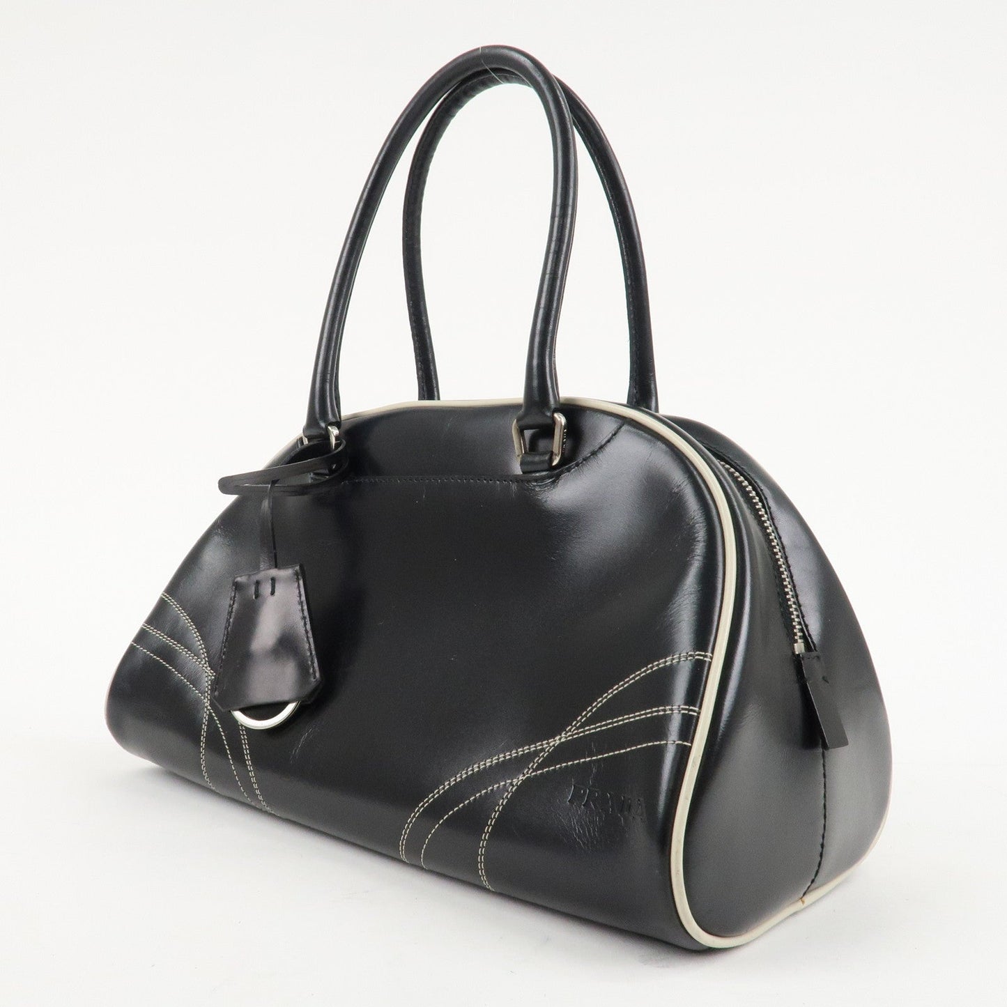 PRADA Leather Mini Boston Bag Shoulder Bag Black Silver HDW