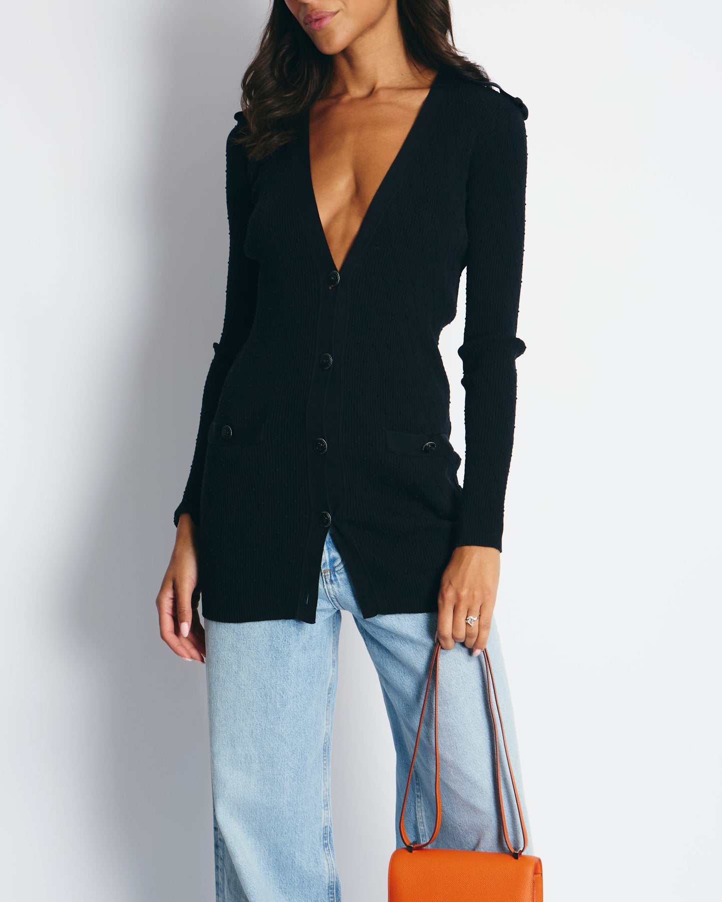 Chanel 16P Black Ribbed Cardigan with Shoulder Button Detail FR 34 (UK 6) RRP £2,450 Shoulder Bag