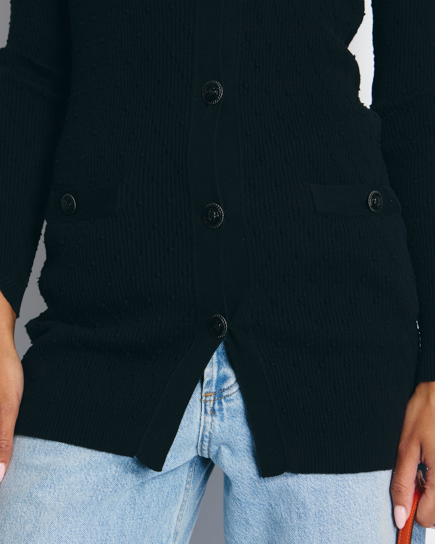 Chanel 16P Black Ribbed Cardigan with Shoulder Button Detail FR 34 (UK 6) RRP £2,450 Shoulder Bag