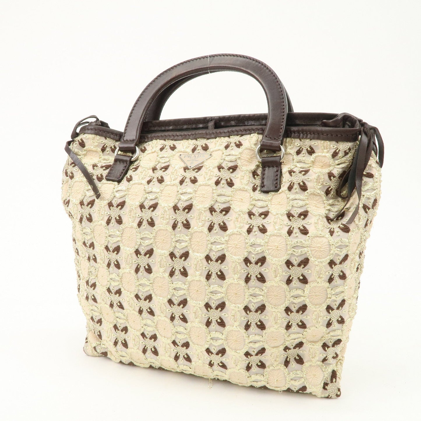 PRADA Tweed Flower Embroidery Tote Bag Beige Gold Dark Brown