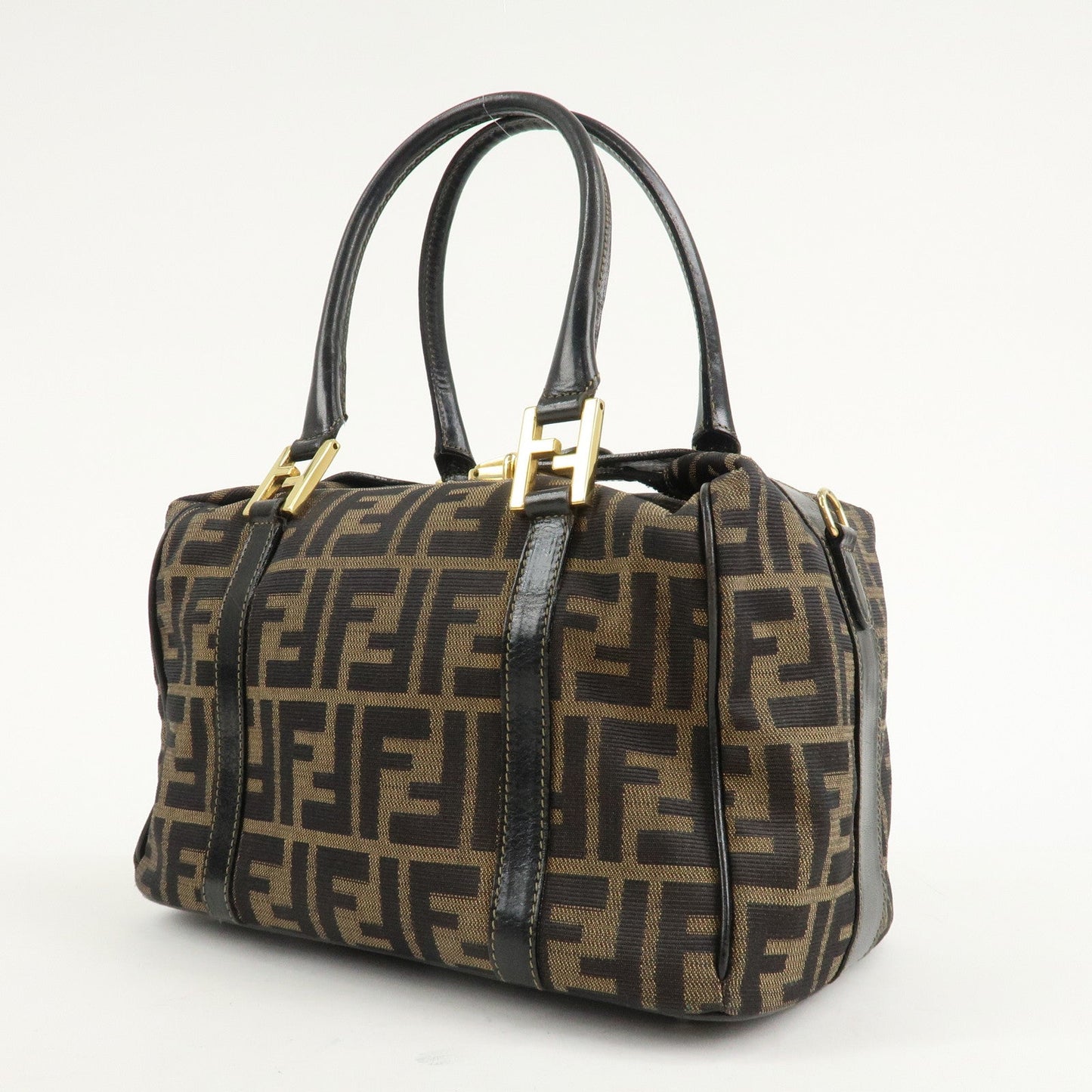 FENDI Zucca Canvas Leather Boston Bag Hand Bag Brown Black