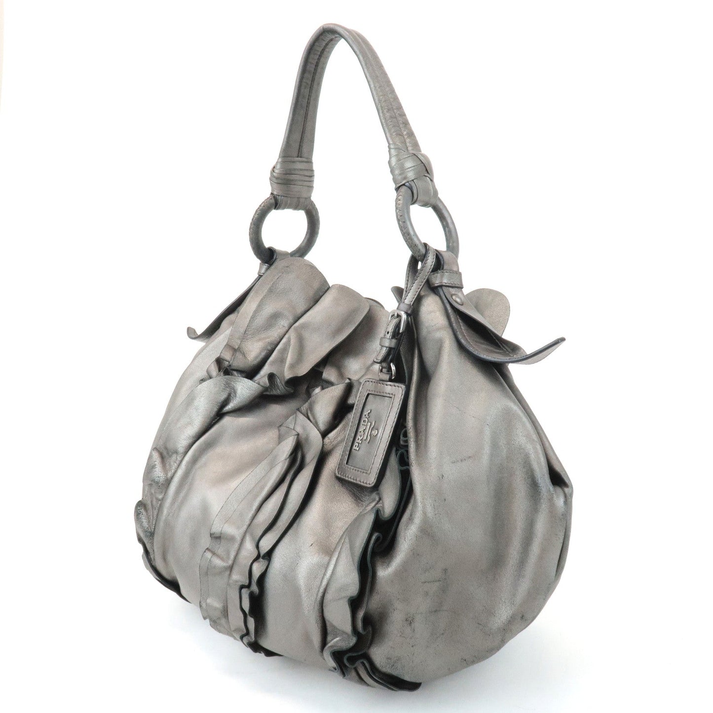PRADA Leather Gathered 2WAY Shoulder Bag Hand Bag Silver Gray