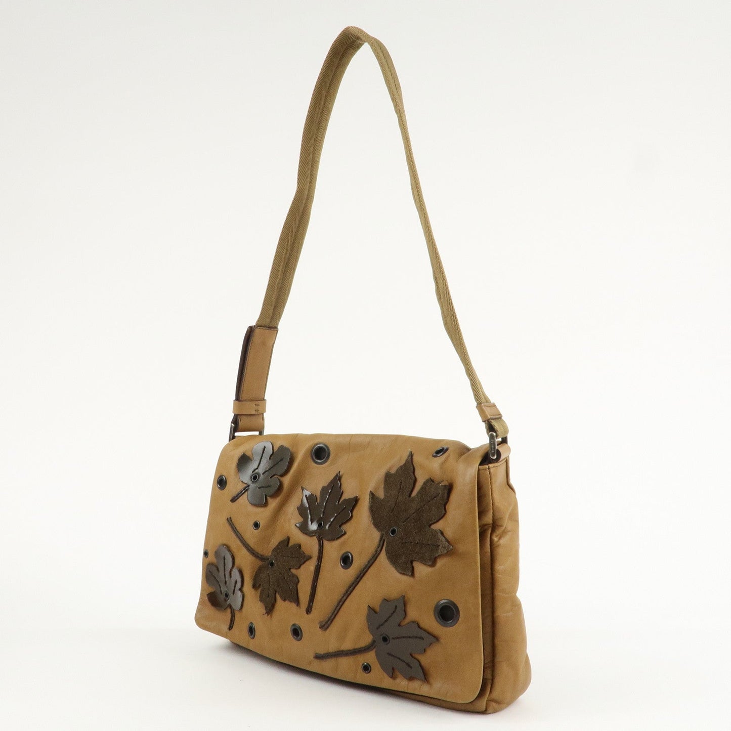 Prada Leather Nylon Suede Shoulder Bag Romantic Leaf B9608 Brown
