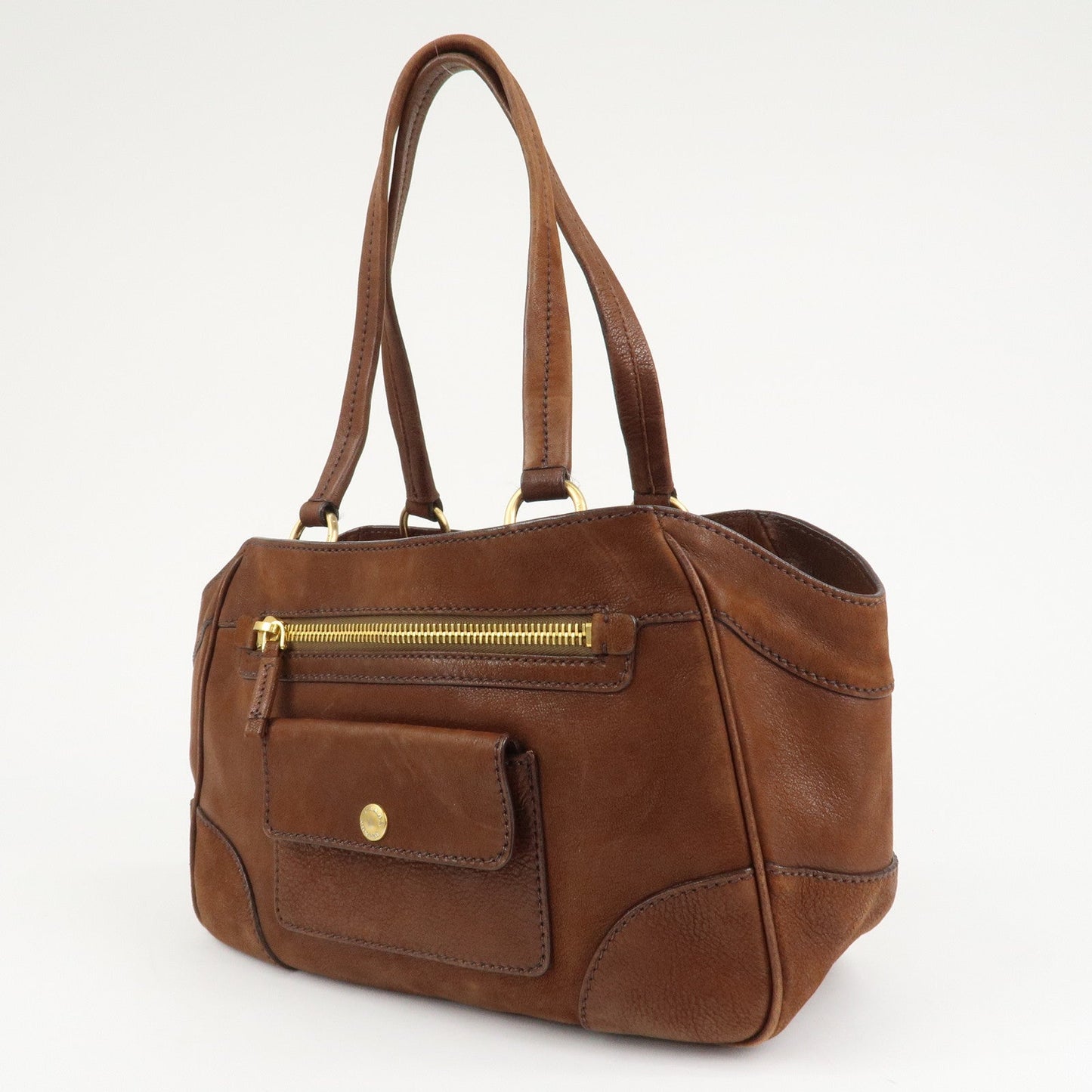 PRADA Triangle Logo Leather Tote Bag Brown Gold Hardware