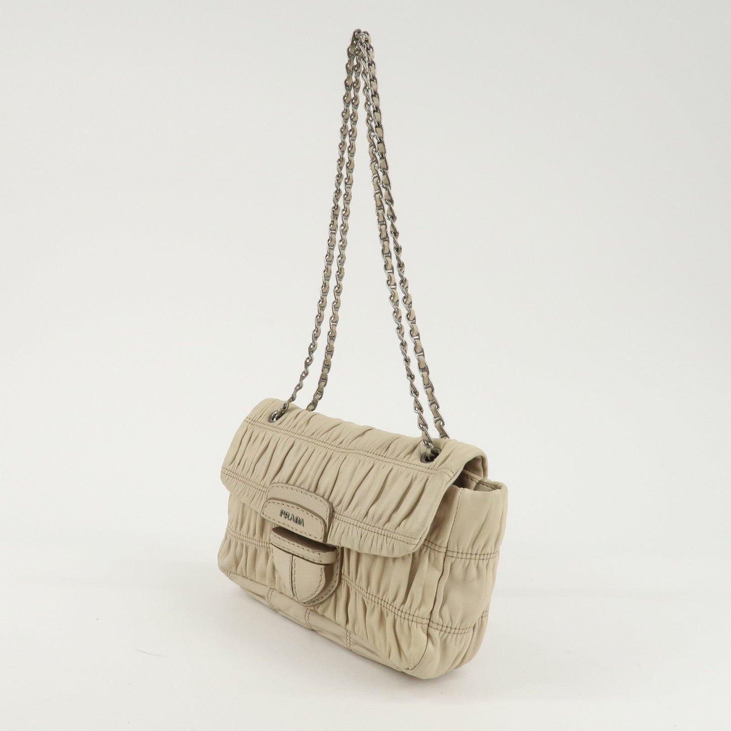 PRADA Leather Gathered Chain Shoulder Bag Ivory B4695C