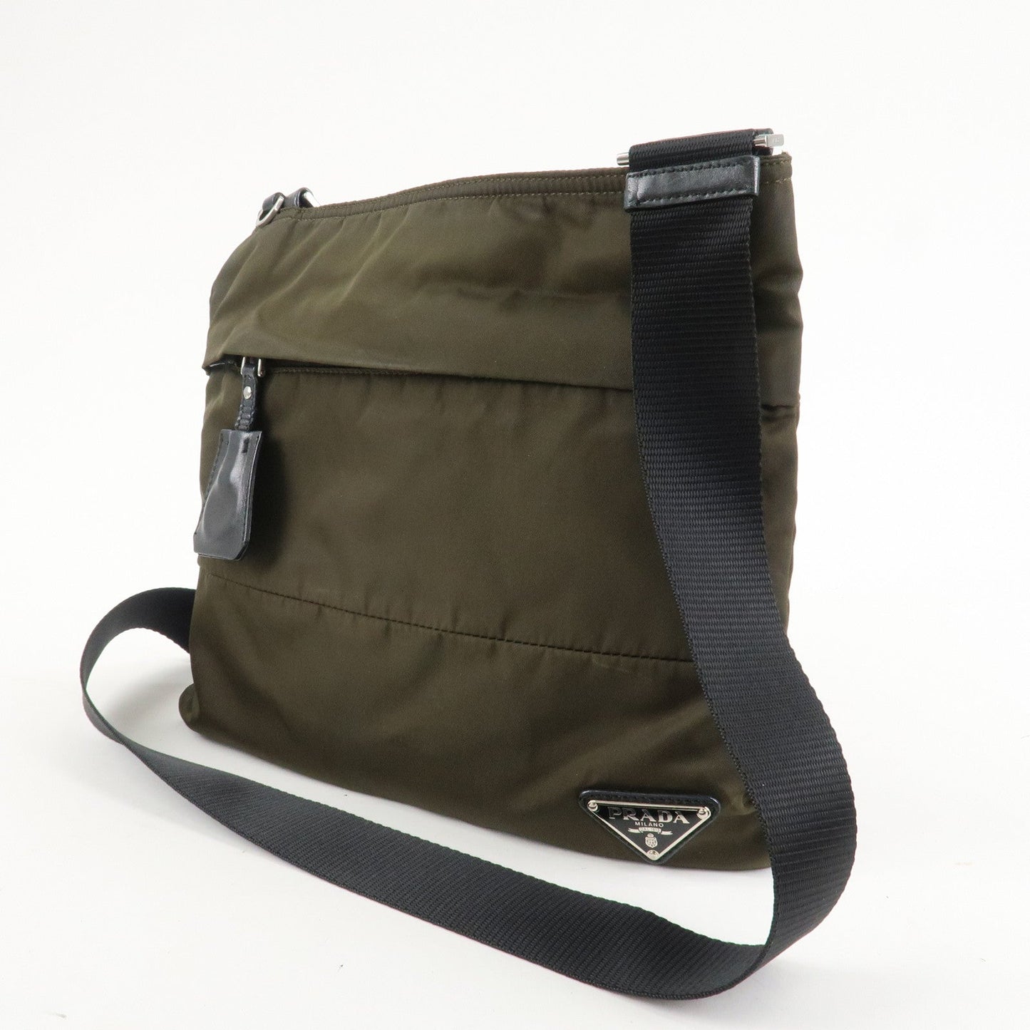 PRADA Nylon Leather Triangle Logo Shoulder Bag Khaki BT0741