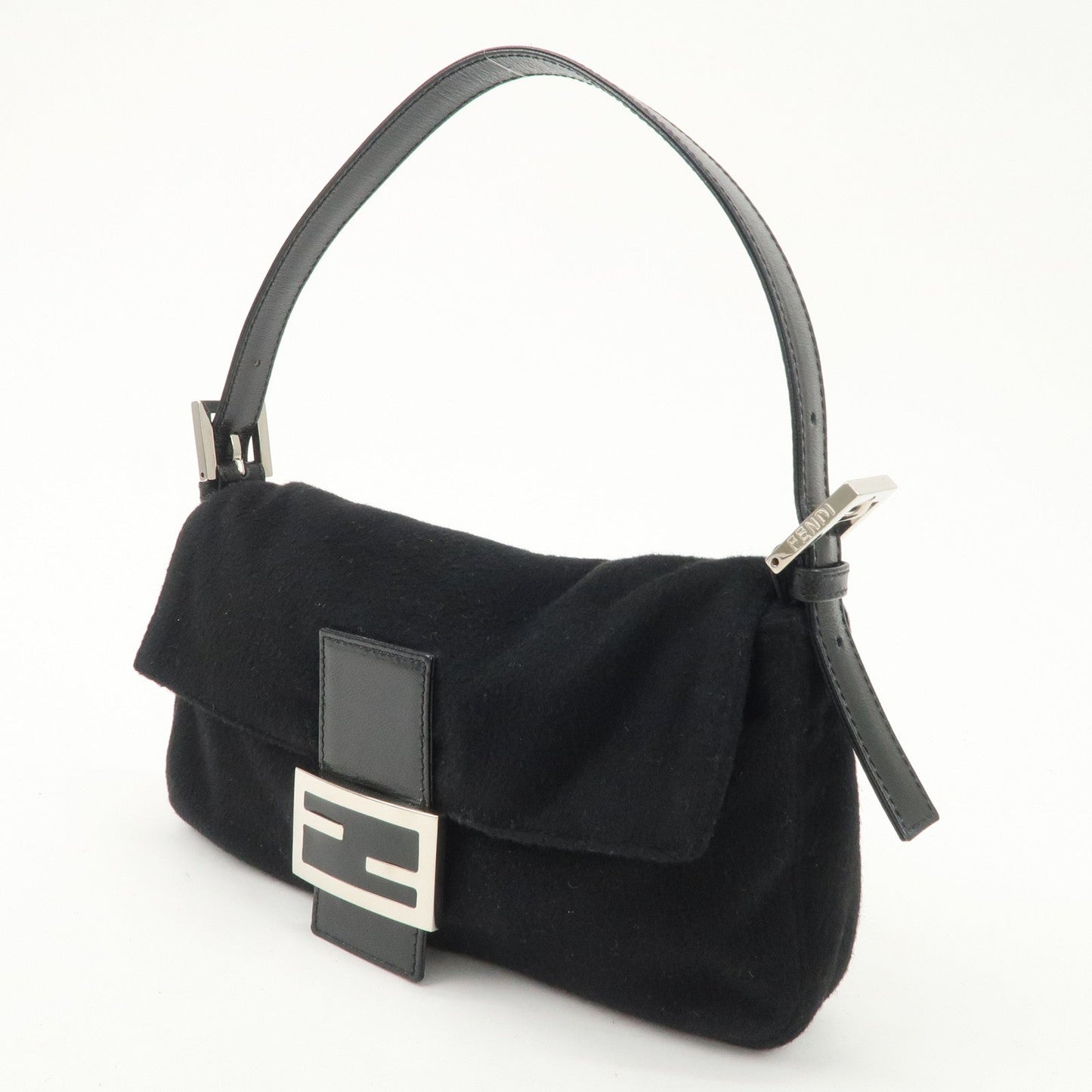 FENDI Mamma Baguette Cashmere Leather Shoulder Bag  Black 26424