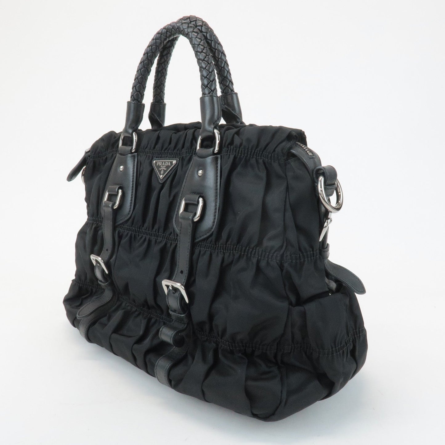 PRADA Logo Leather Gathered 2Way Hand Bag Black BN1336
