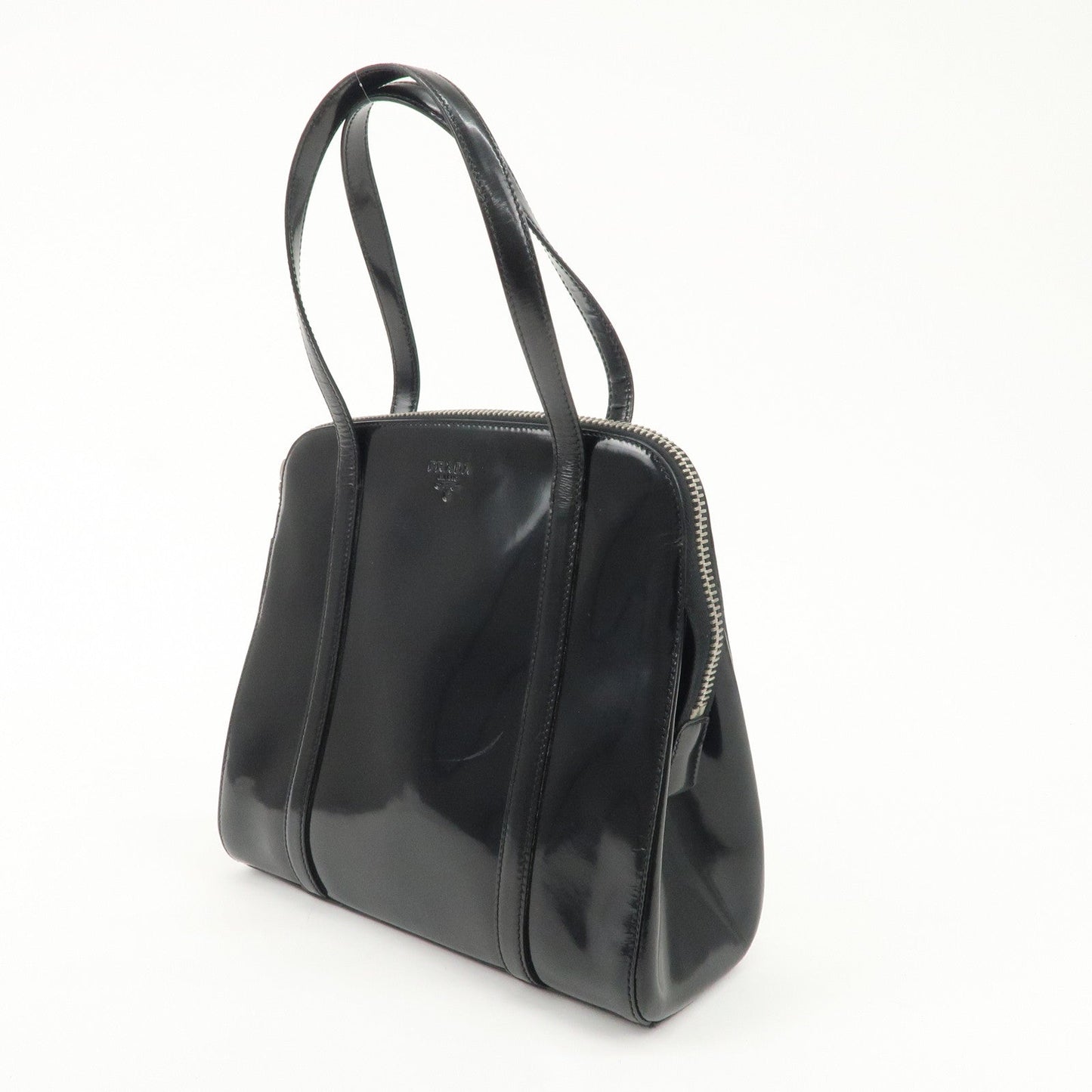 PRADA Patent Leather Tote Bag Hand Bag Black Silver HDW