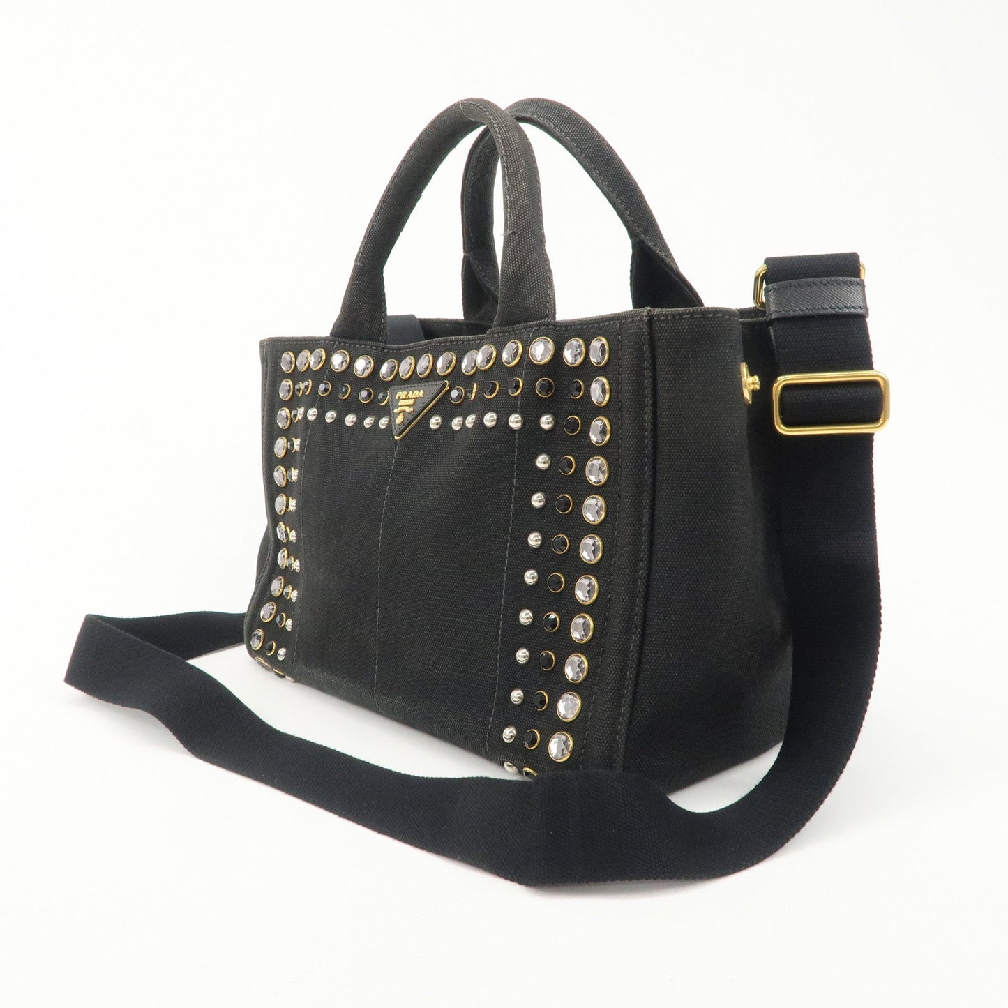 PRADA Mini Canapa Bijou Studs Canvas 2Way Bag Black B24390