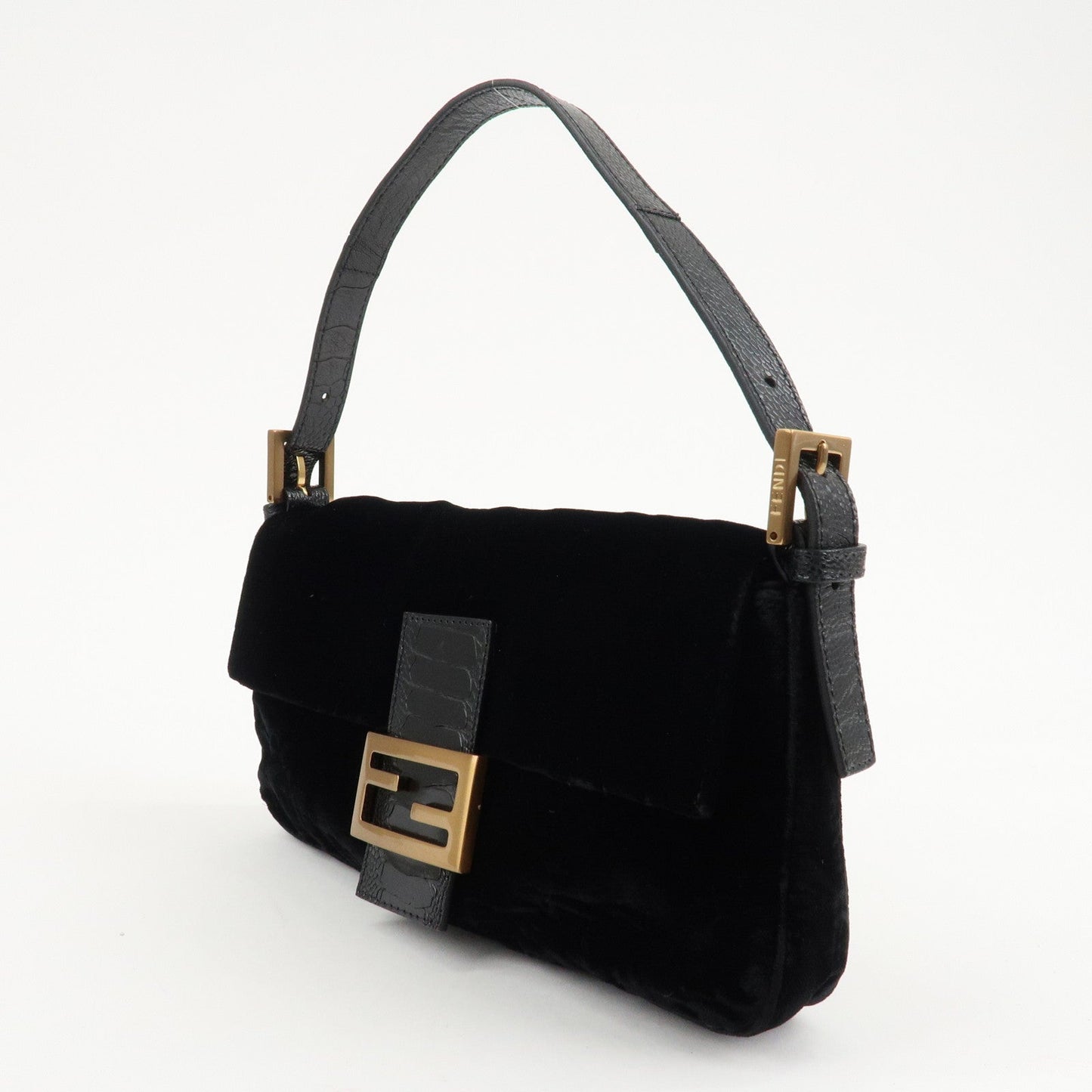 FENDI Mamma Baguette Polyester Leather Shoulder Bag Black 8BR000